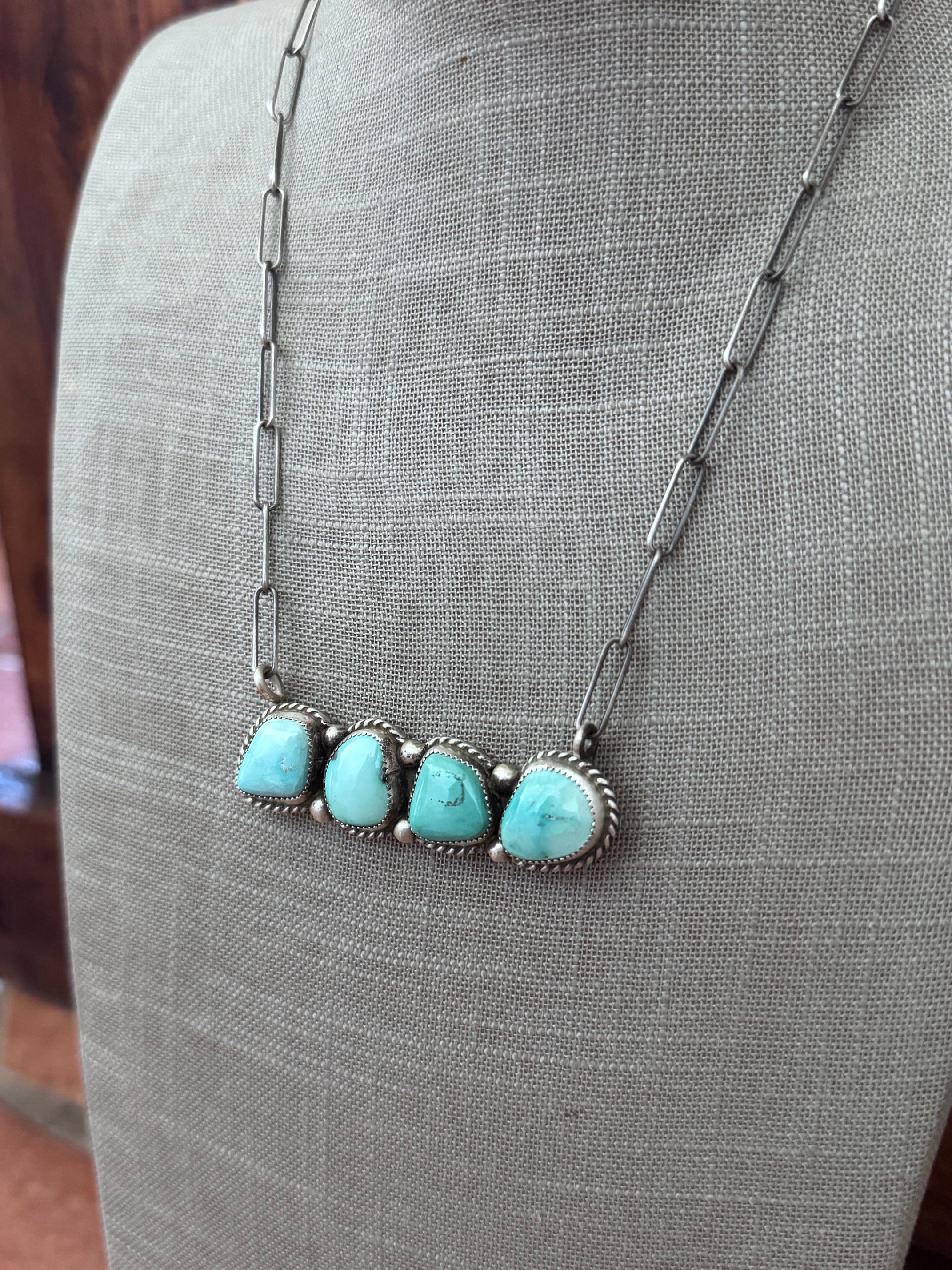 Handmade Sterling Silver & Fox Turquoise, Carico Lake Turquoise Bar 19.5" Necklace by Roaming Buffalo