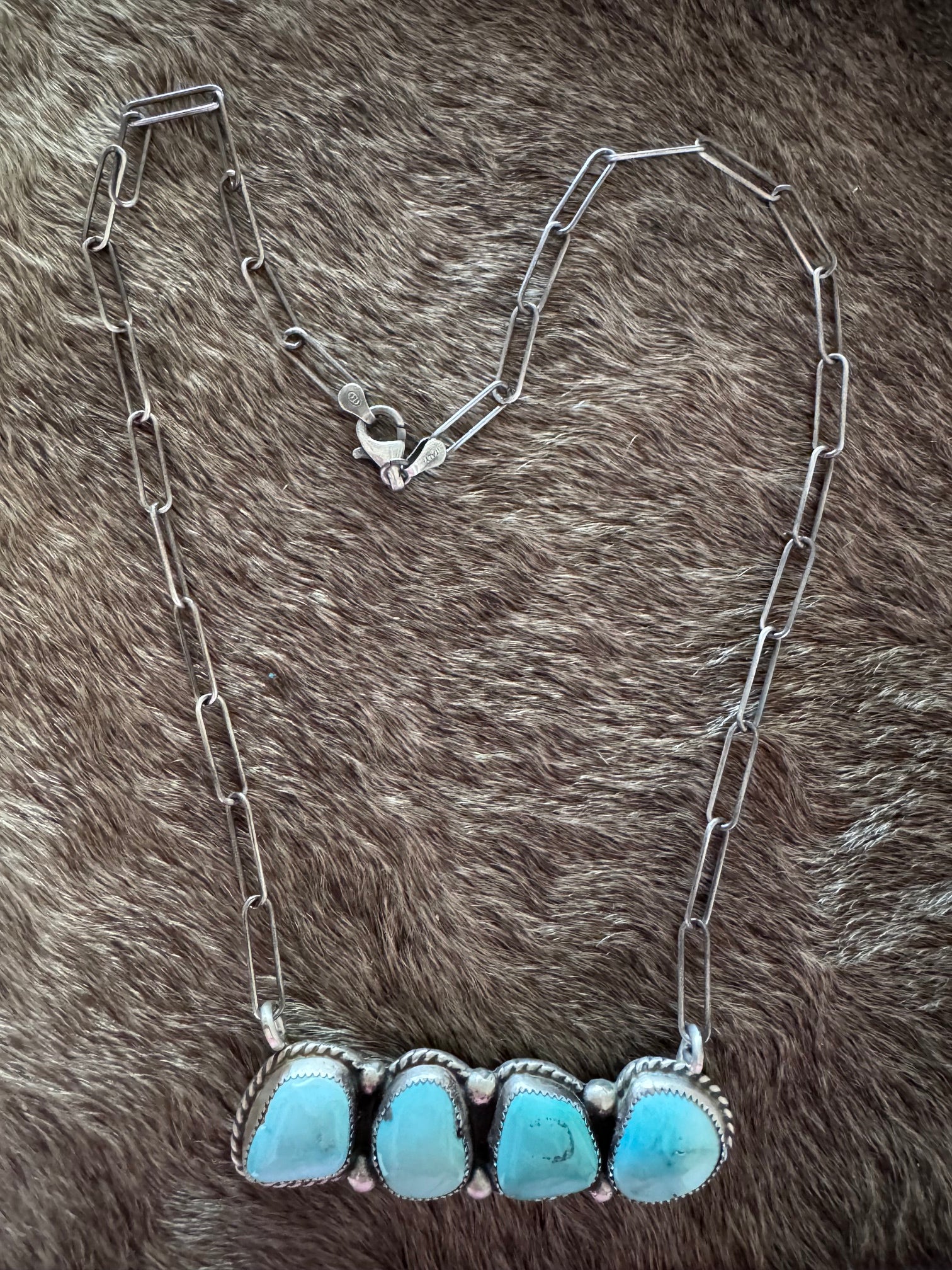 Handmade Sterling Silver & Fox Turquoise, Carico Lake Turquoise Bar 19.5" Necklace by Roaming Buffalo