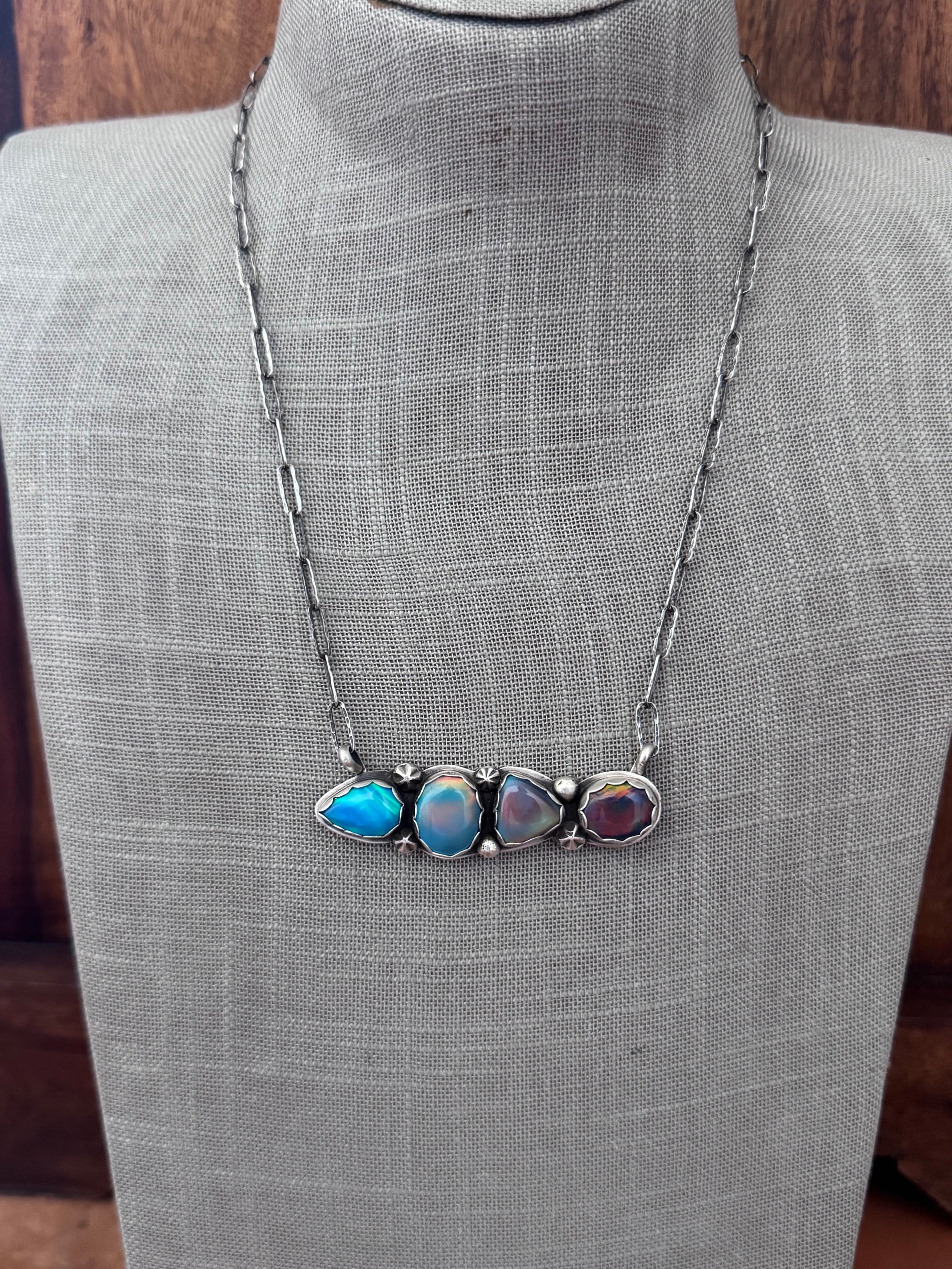 Handmade Sterling Silver & Aurora Opal 4 Stone Bar 19.75" Necklace by Roaming Buffalo