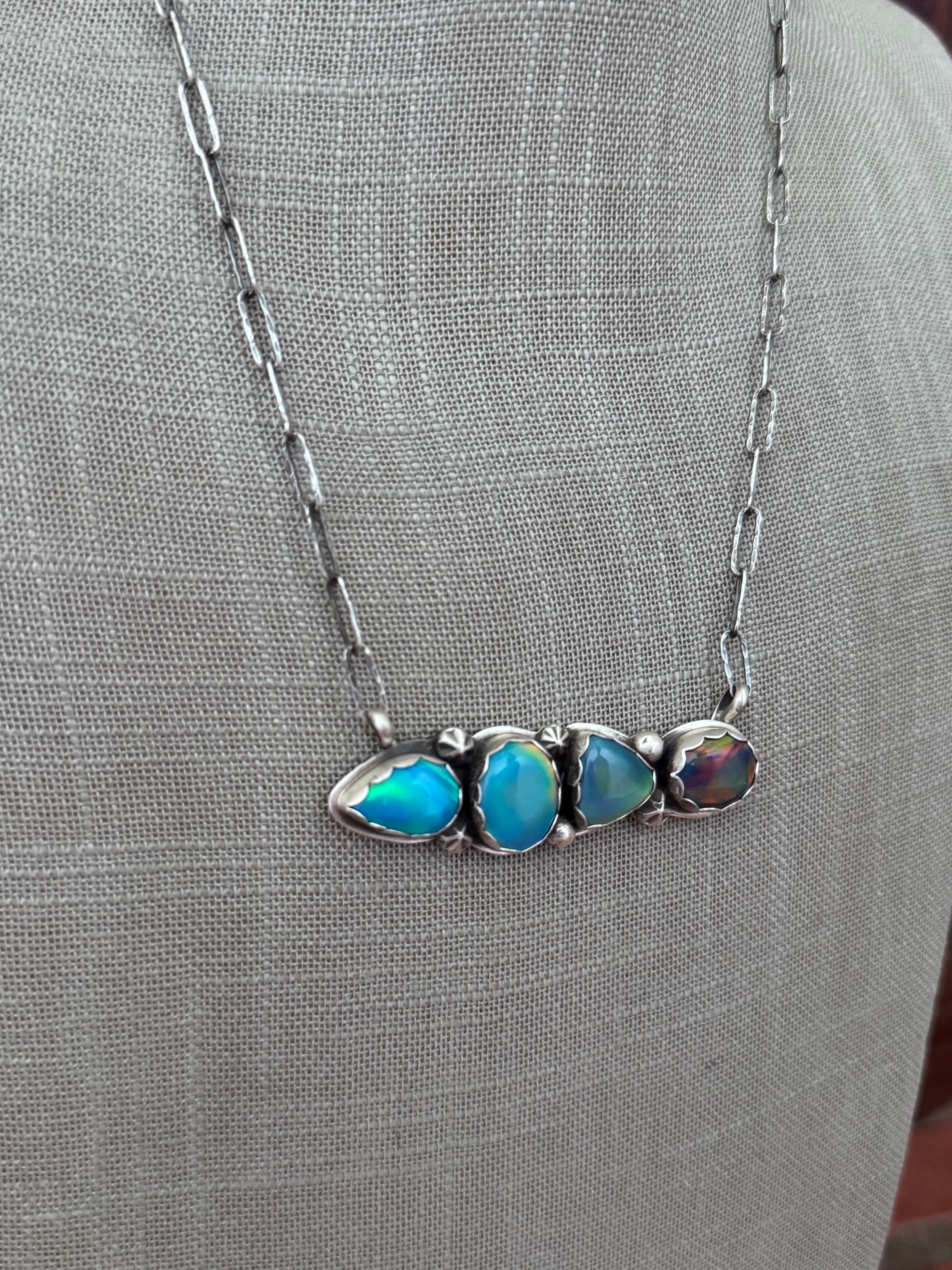 Handmade Sterling Silver & Aurora Opal 4 Stone Bar 19.75" Necklace by Roaming Buffalo
