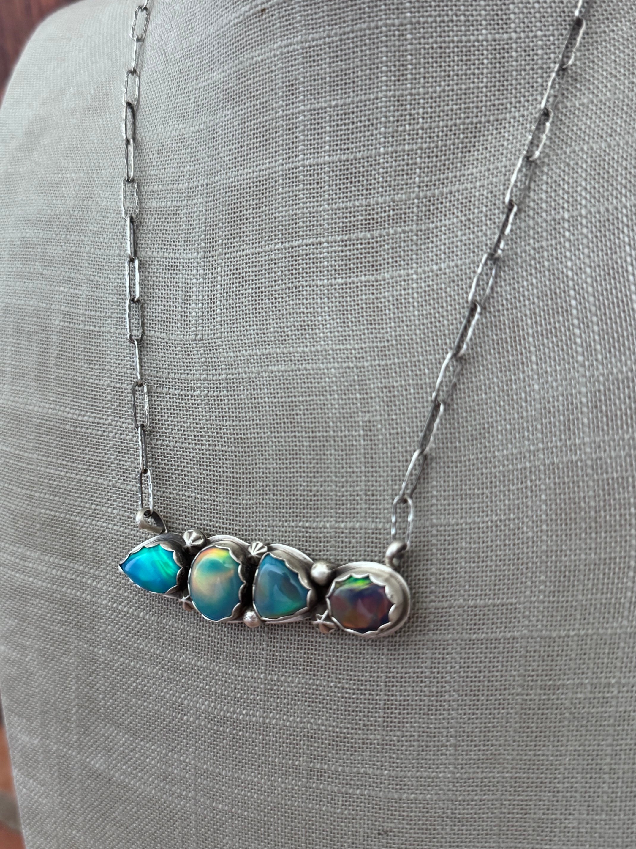 Handmade Sterling Silver & Aurora Opal 4 Stone Bar 19.75" Necklace by Roaming Buffalo