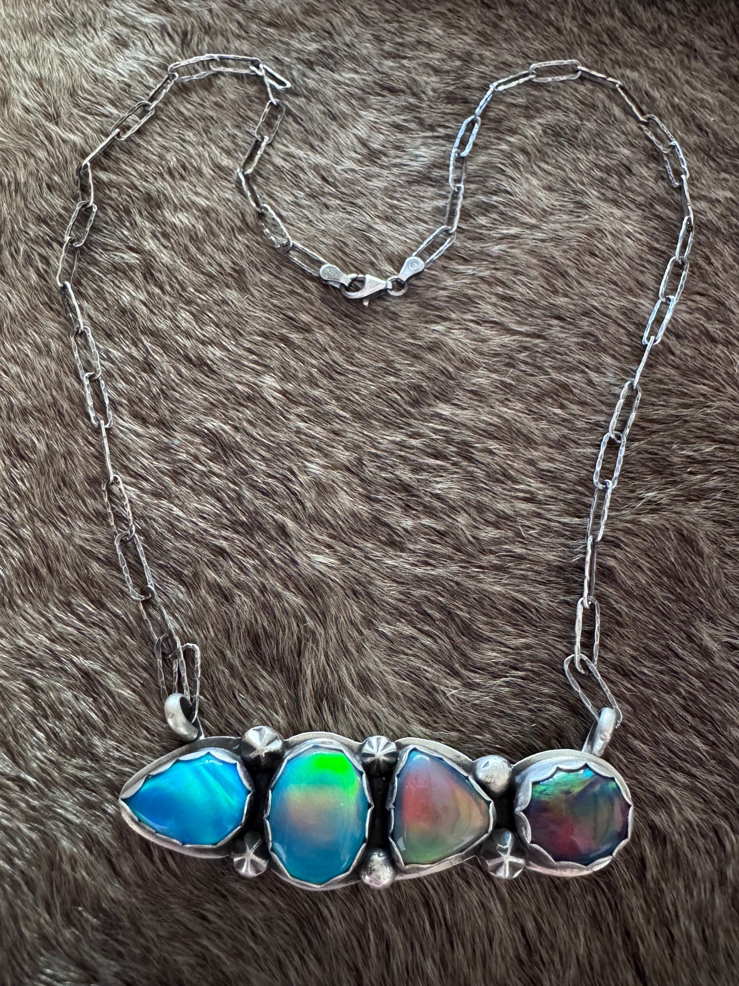 Handmade Sterling Silver & Aurora Opal 4 Stone Bar 19.75" Necklace by Roaming Buffalo