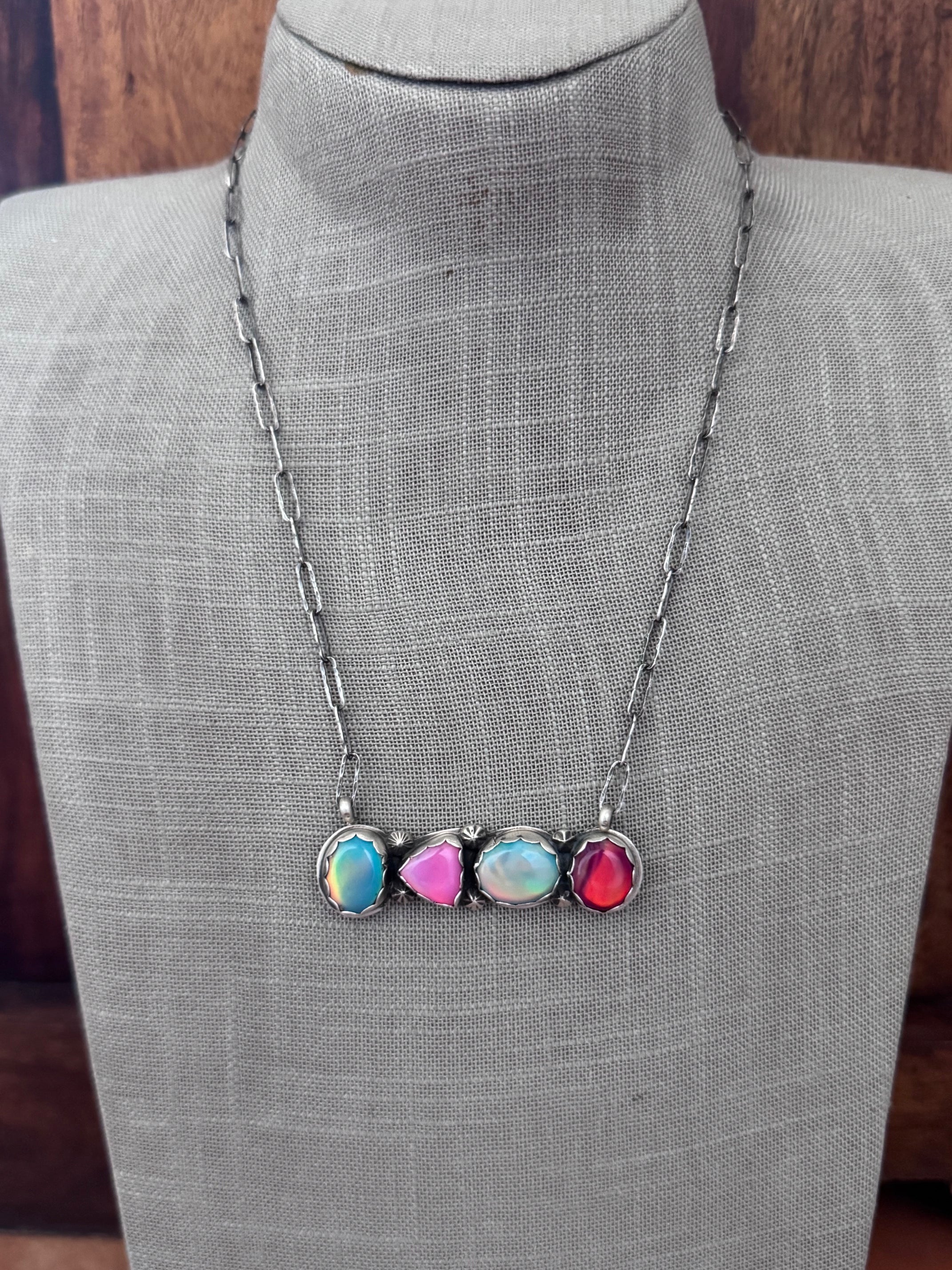 Handmade Sterling Silver & Aurora Opal 4 Stone Bar 19.75" Necklace by Roaming Buffalo