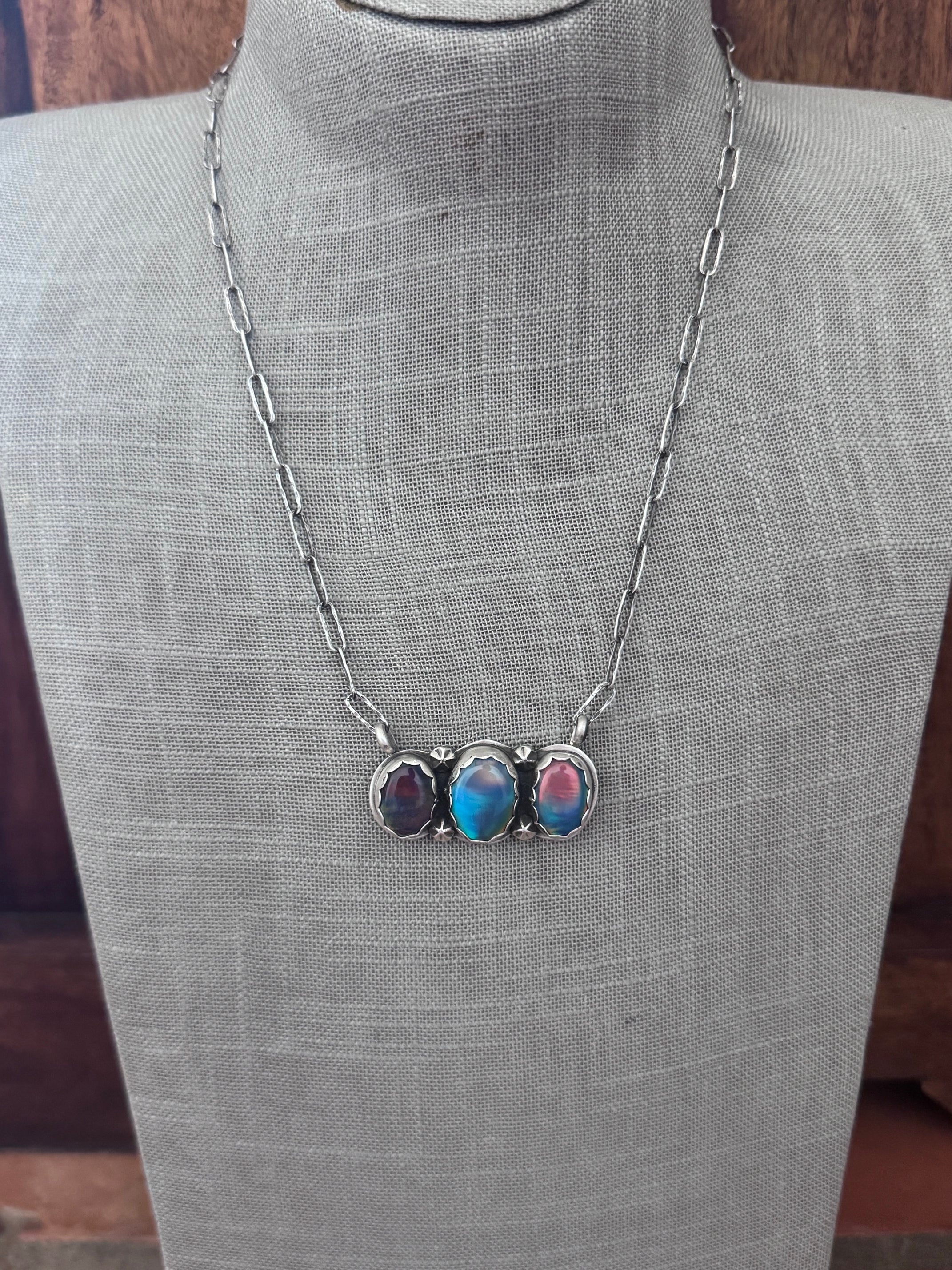 Handmade Sterling Silver & Aurora Opal 3 Stone Bar 19" Necklace by Roaming Buffalo