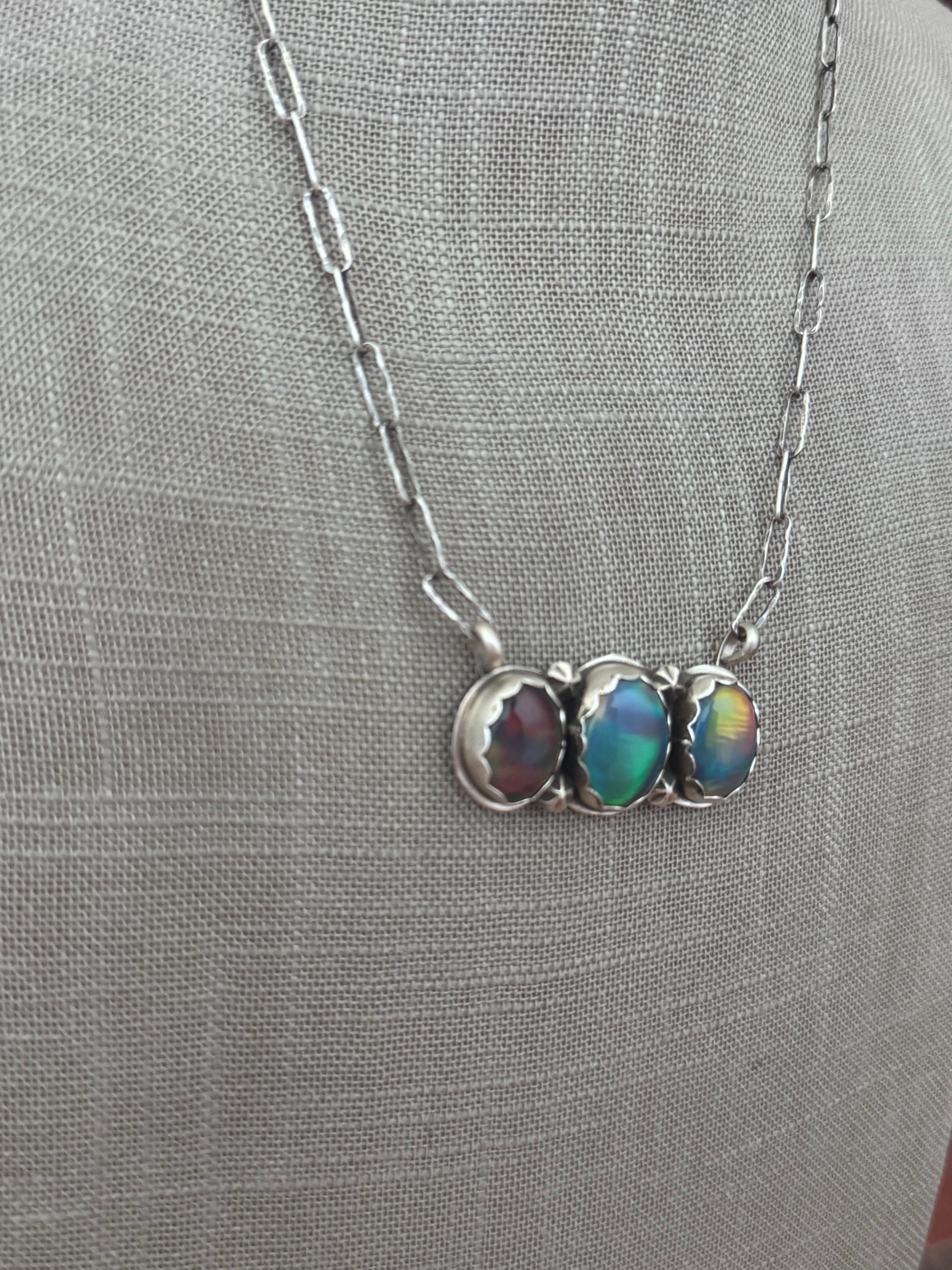 Handmade Sterling Silver & Aurora Opal 3 Stone Bar 19" Necklace by Roaming Buffalo