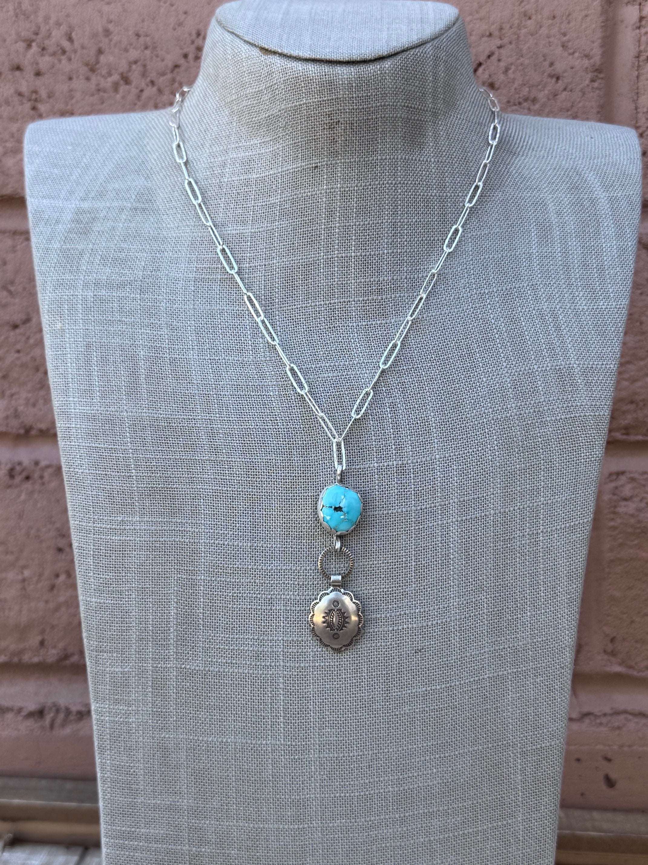 Handmade Sterling Silver & Carico Lake Turquoise Concho 18" Necklace by Roaming Buffalo