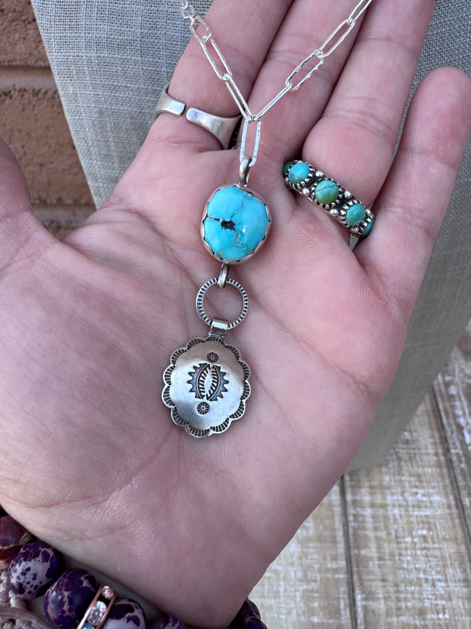 Handmade Sterling Silver & Carico Lake Turquoise Concho 18" Necklace by Roaming Buffalo