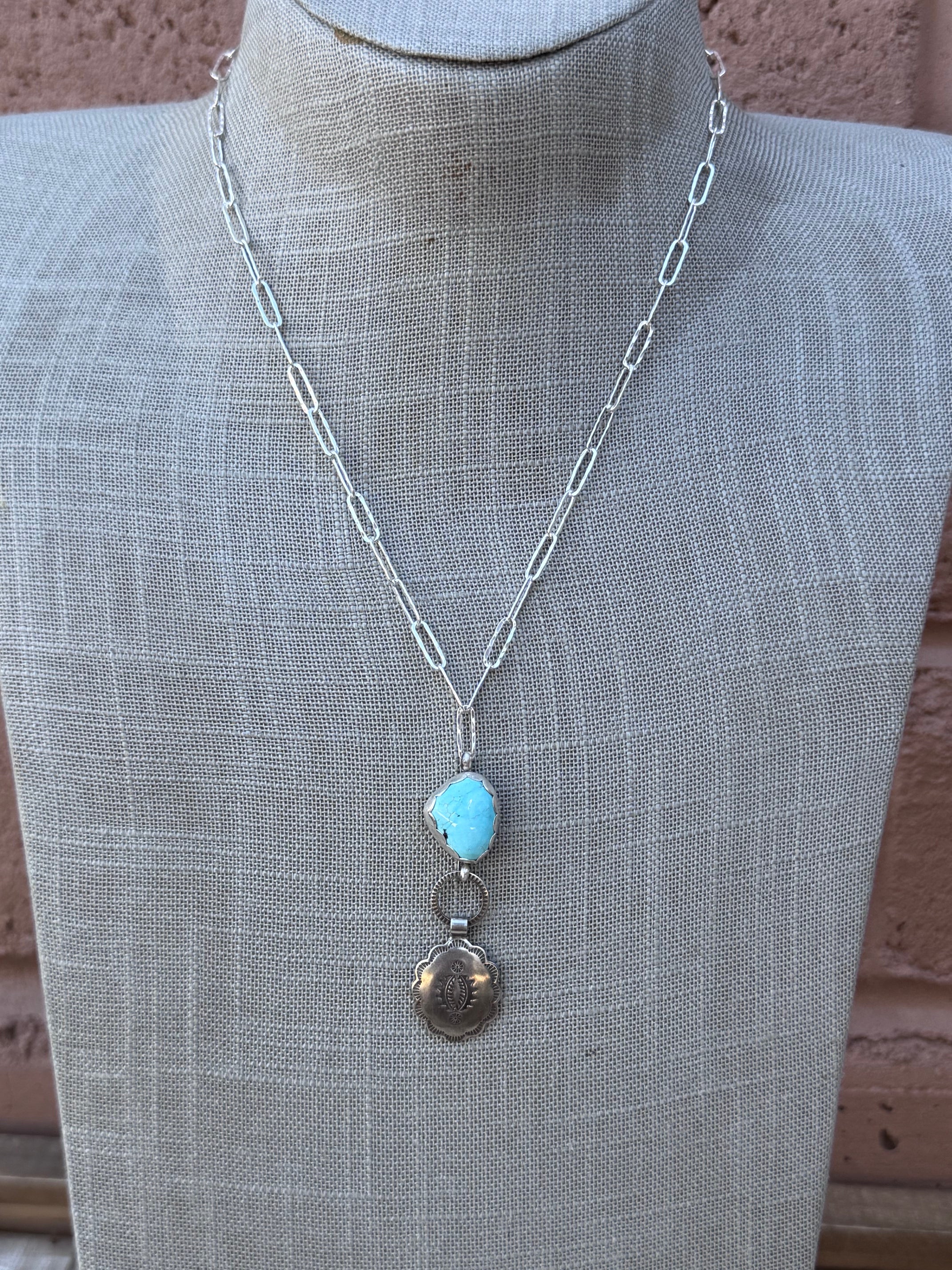 Handmade Sterling Silver & Carico Lake Turquoise Concho 18" Necklace by Roaming Buffalo