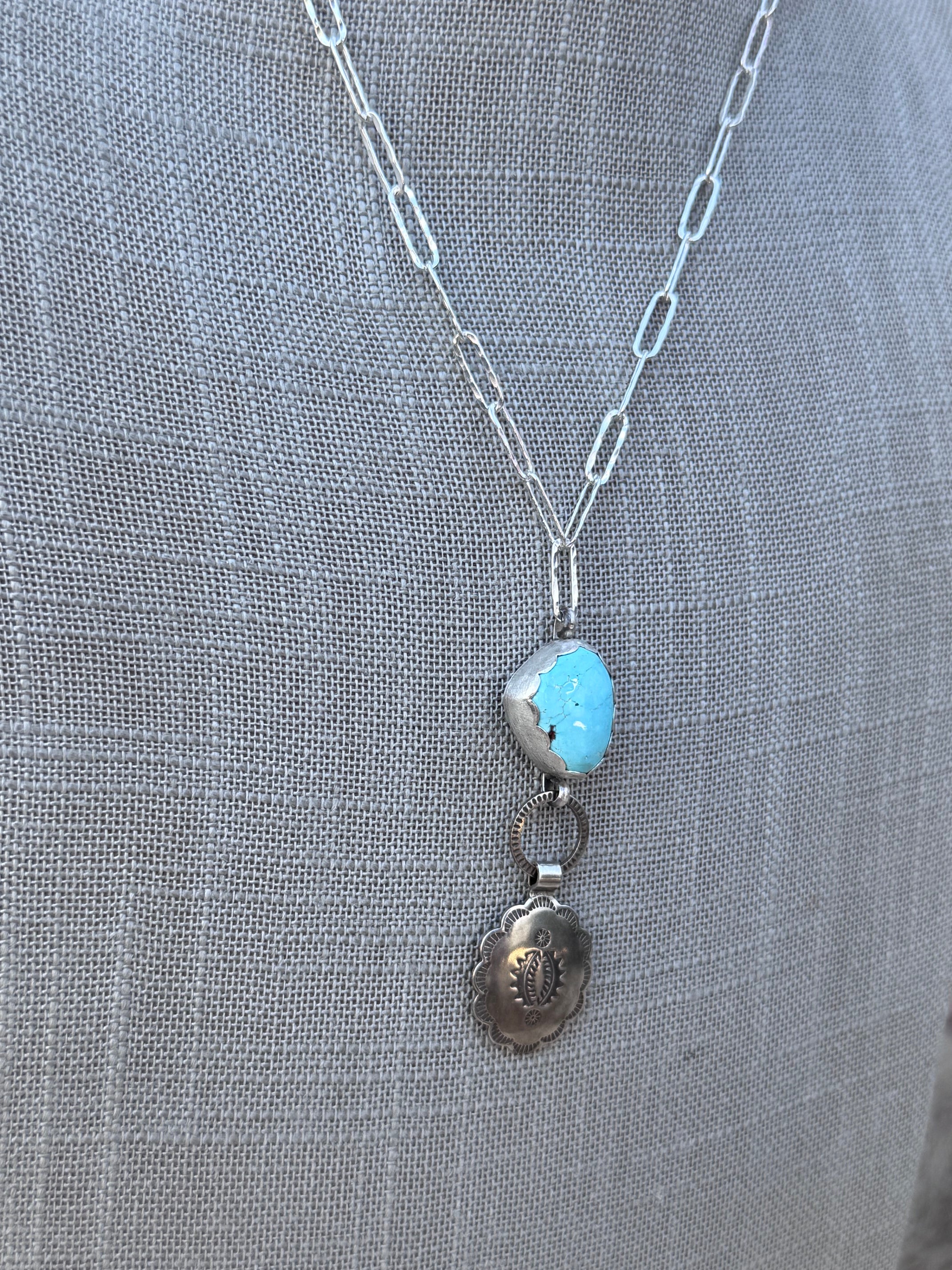 Handmade Sterling Silver & Carico Lake Turquoise Concho 18" Necklace by Roaming Buffalo