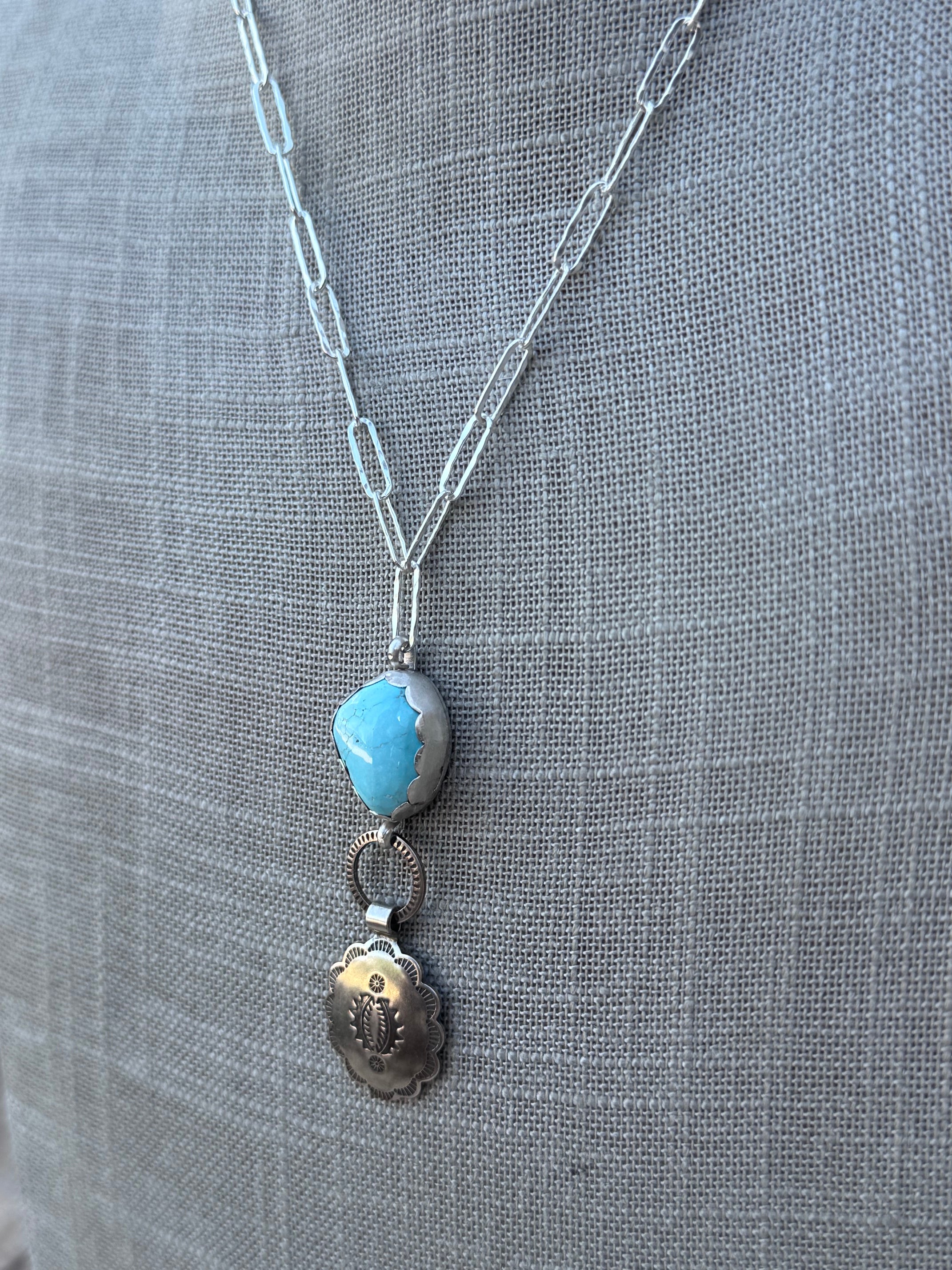 Handmade Sterling Silver & Carico Lake Turquoise Concho 18" Necklace by Roaming Buffalo