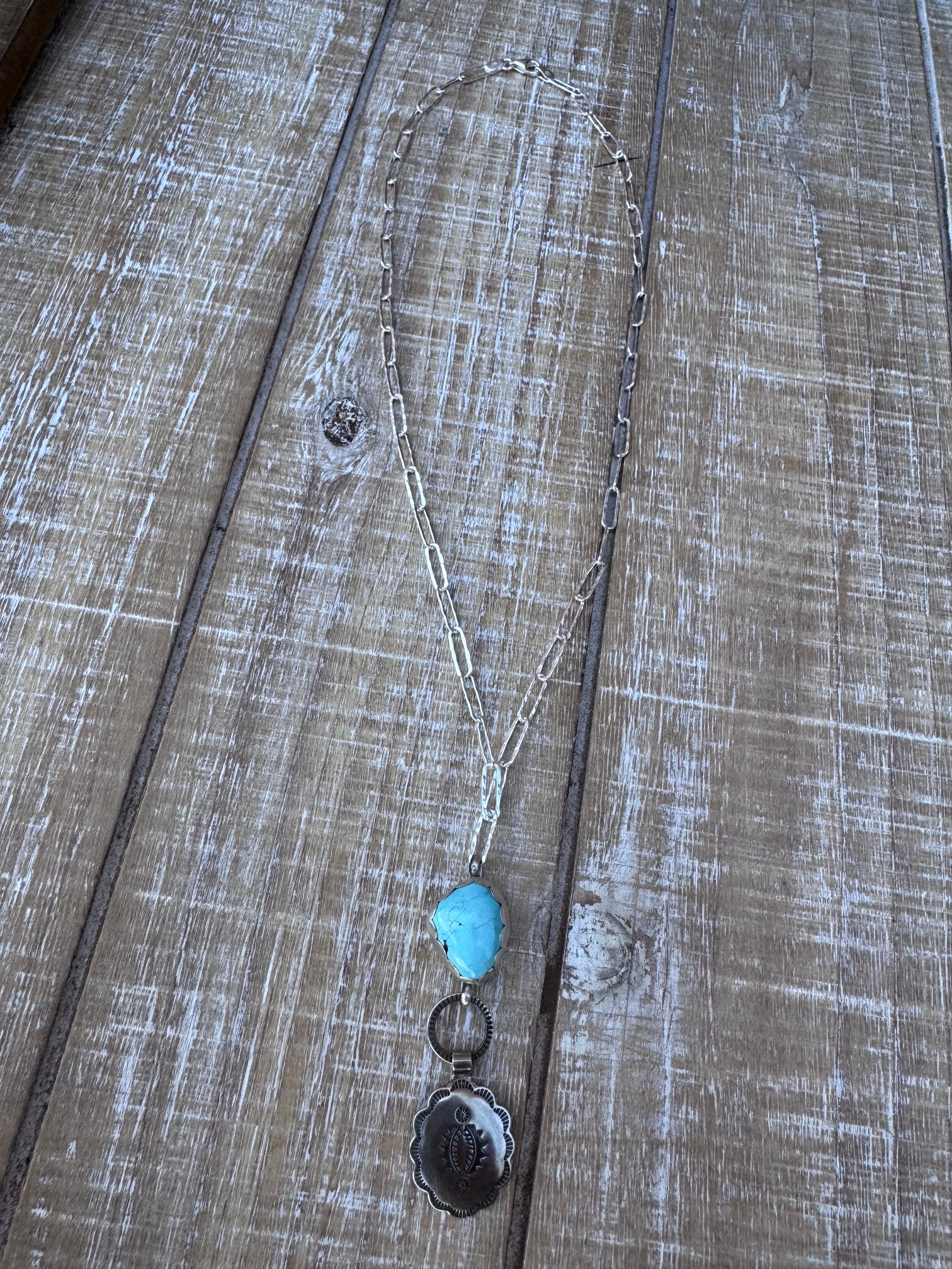 Handmade Sterling Silver & Carico Lake Turquoise Concho 18" Necklace by Roaming Buffalo