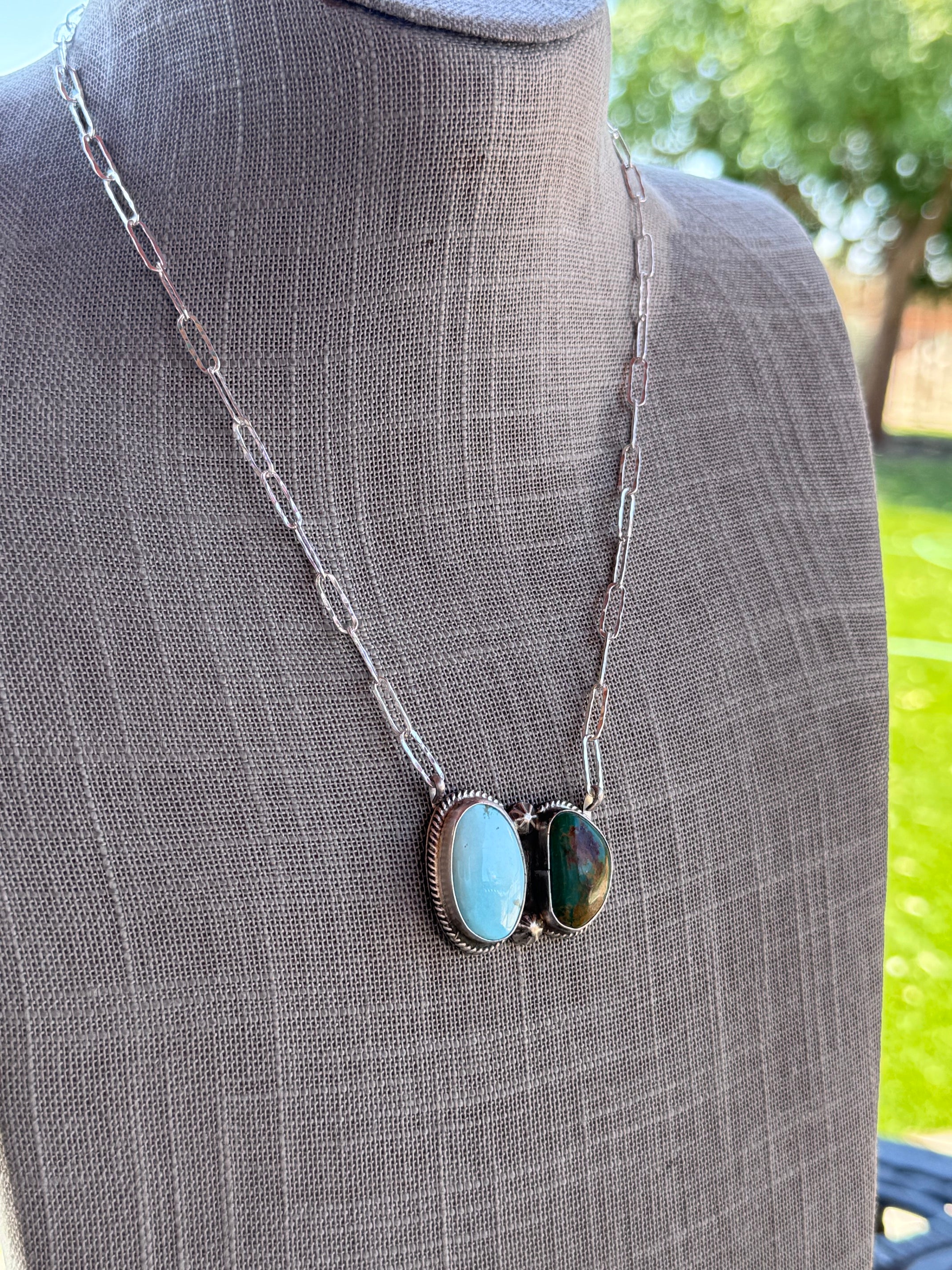 Handmade Sterling Silver & Mix Turquoise, Arizona Turquoise Paper Clip Bar Necklace 18.5" by Roaming Buffalo