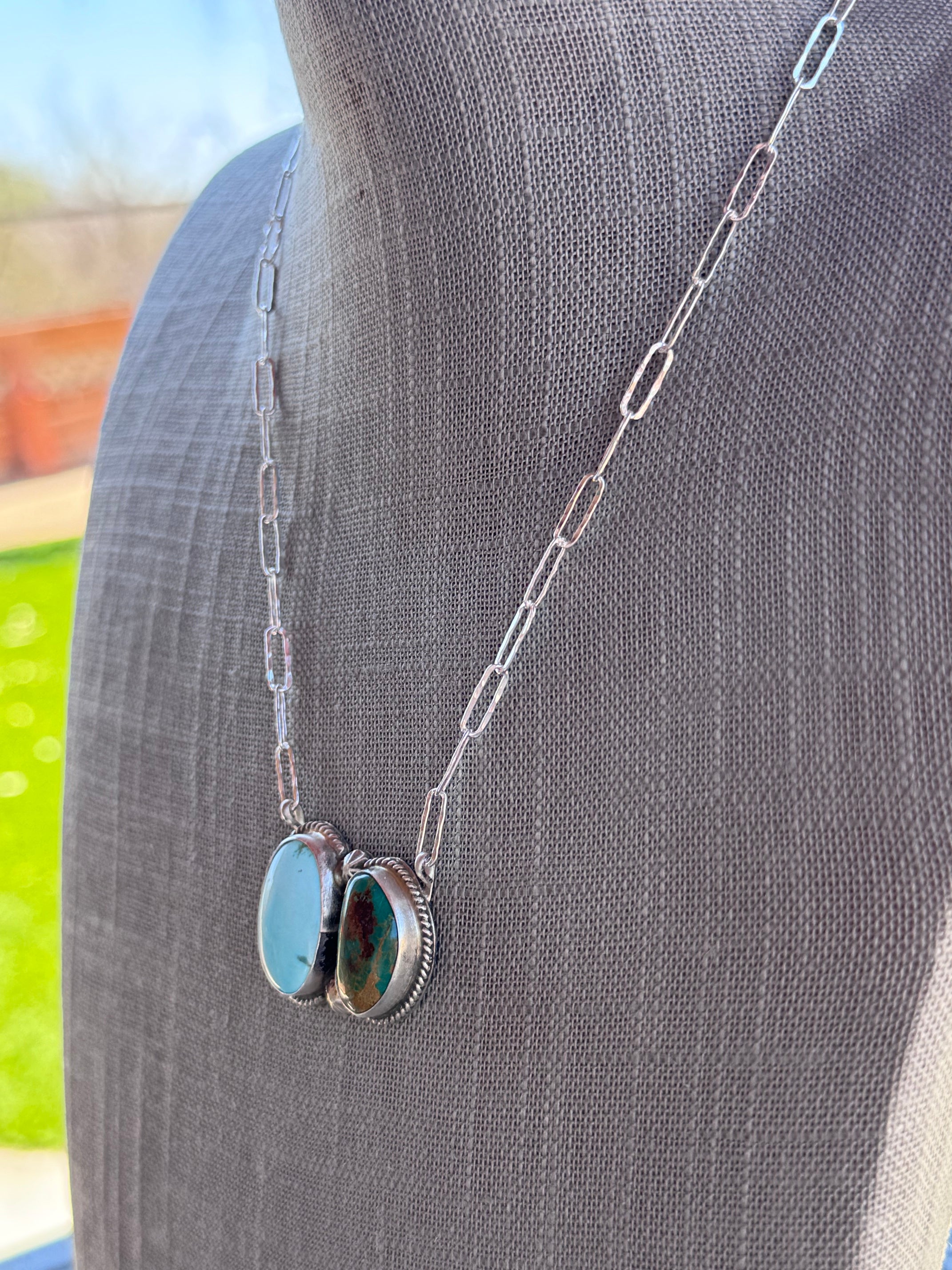 Handmade Sterling Silver & Mix Turquoise, Arizona Turquoise Paper Clip Bar Necklace 18.5" by Roaming Buffalo