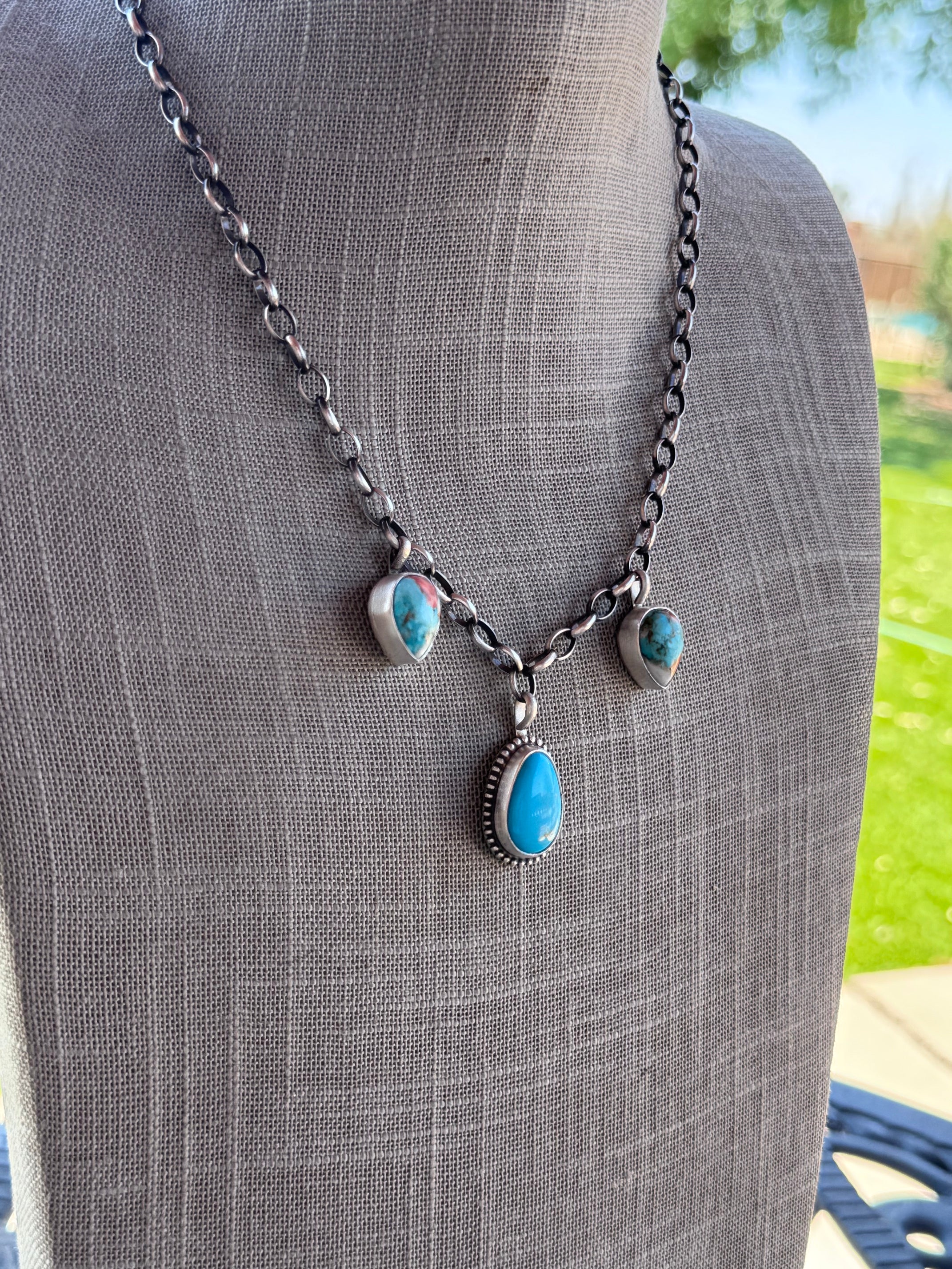 Handmade Sterling Silver & Kingman Turquoise, Dahlia Chain Necklace 17.5" by Roaming Buffalo