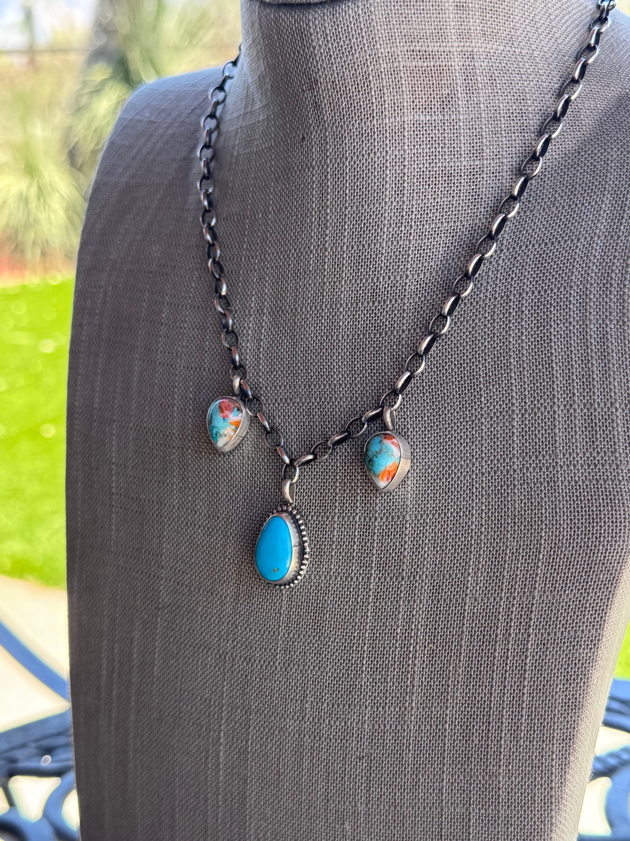 Handmade Sterling Silver & Kingman Turquoise, Dahlia Chain Necklace 17.5" by Roaming Buffalo