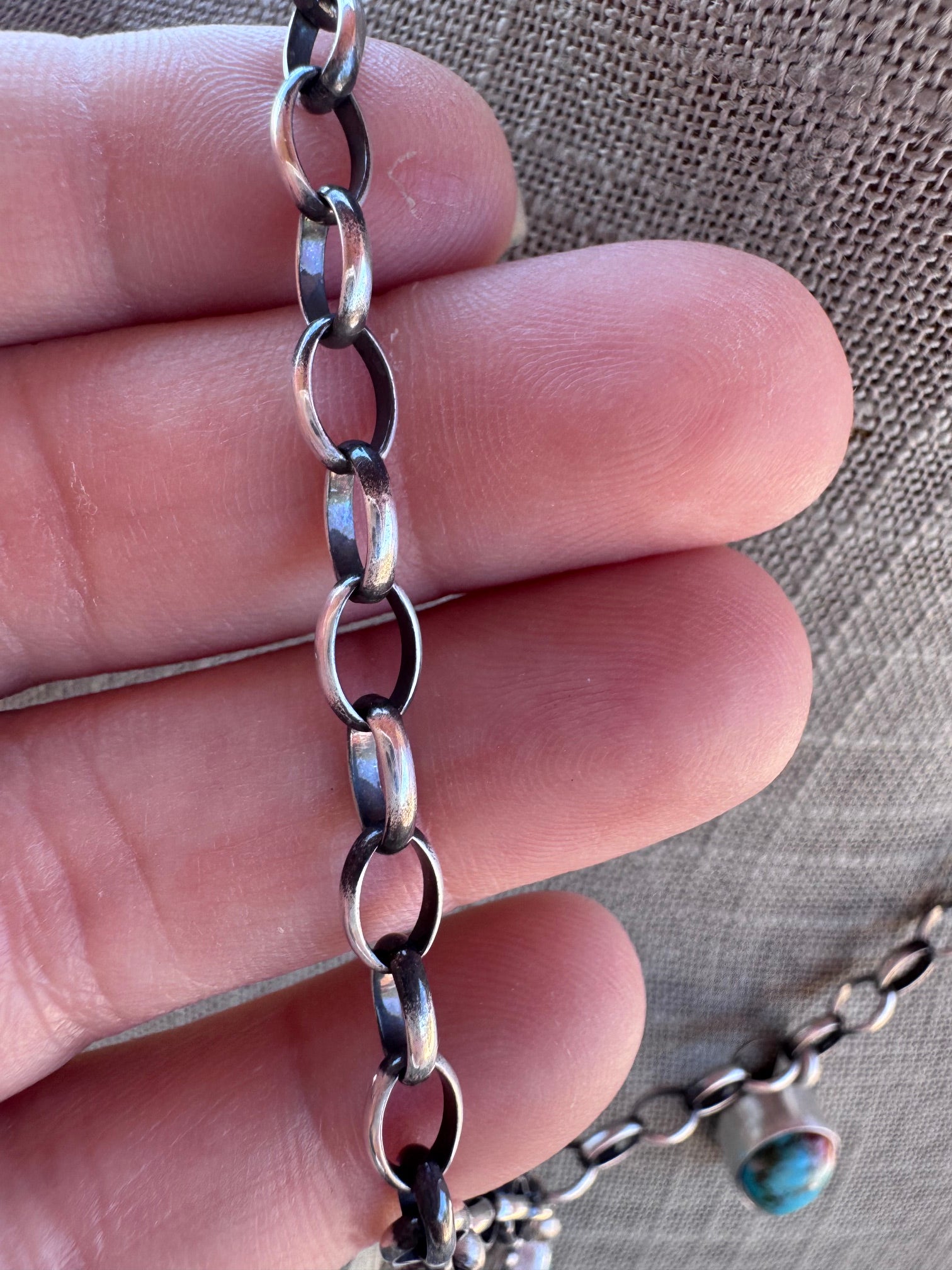 Handmade Sterling Silver & Kingman Turquoise, Dahlia Chain Necklace 17.5" by Roaming Buffalo