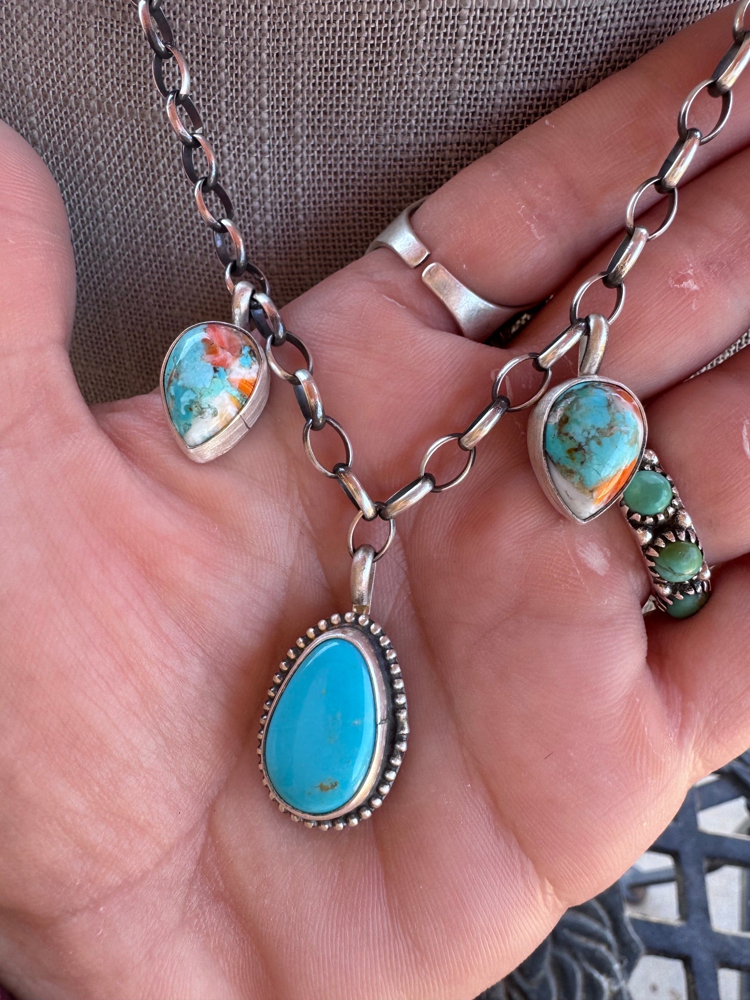 Handmade Sterling Silver & Kingman Turquoise, Dahlia Chain Necklace 17.5" by Roaming Buffalo
