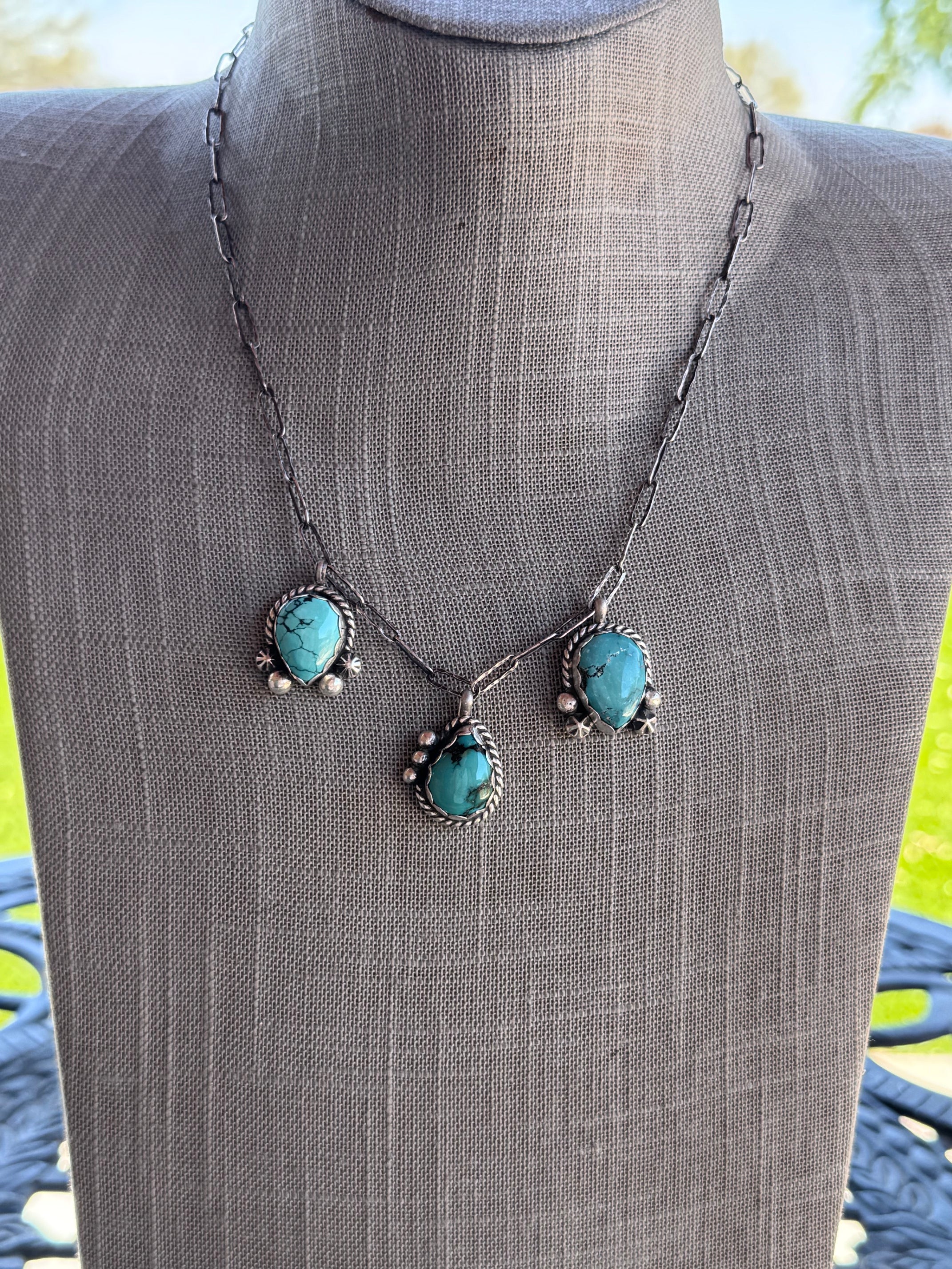 Handmade Sterling Silver & Arizona Turquoise Charm Paper Clip Necklace 18" by Roaming Buffalo