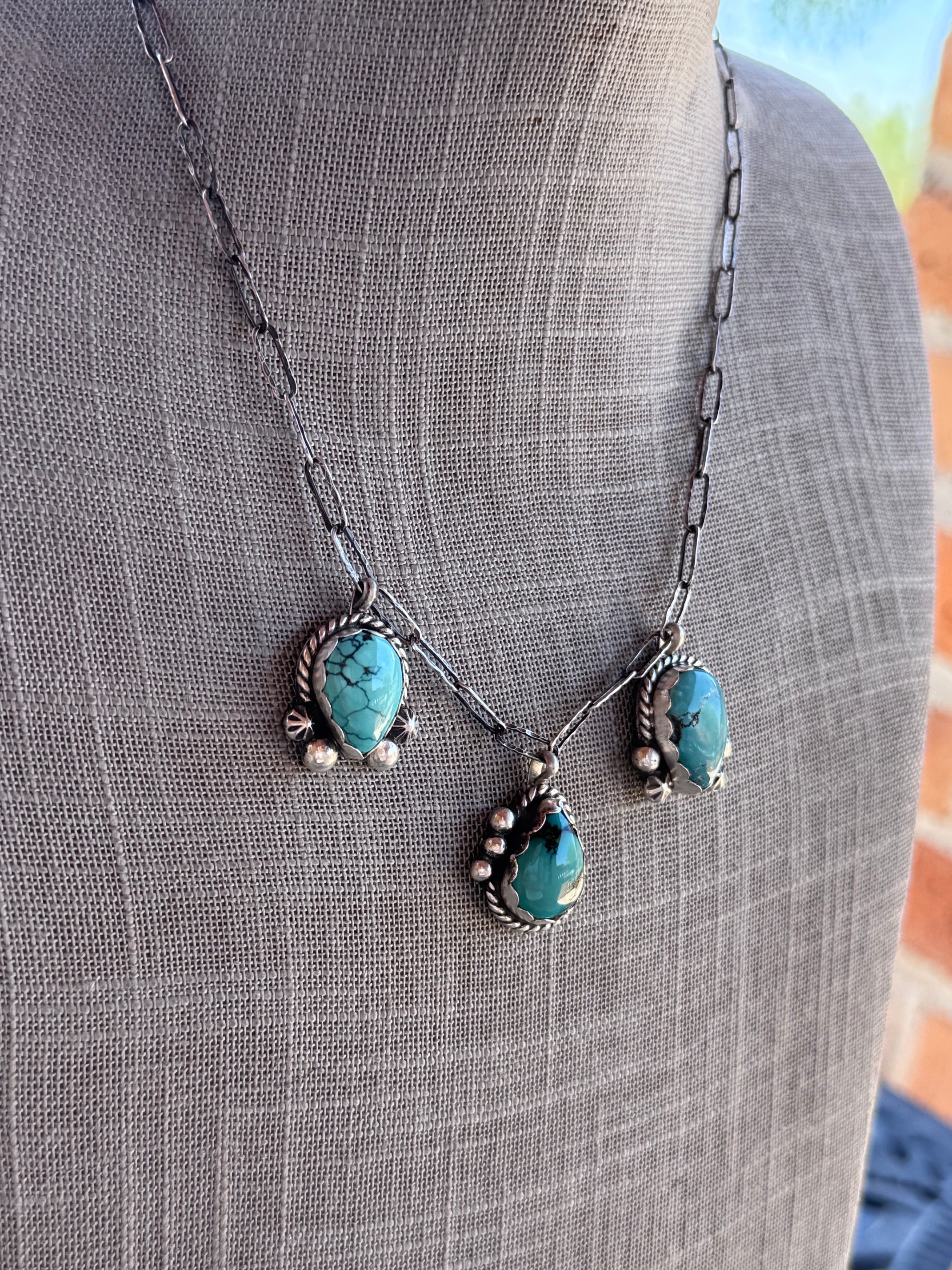 Handmade Sterling Silver & Arizona Turquoise Charm Paper Clip Necklace 18" by Roaming Buffalo