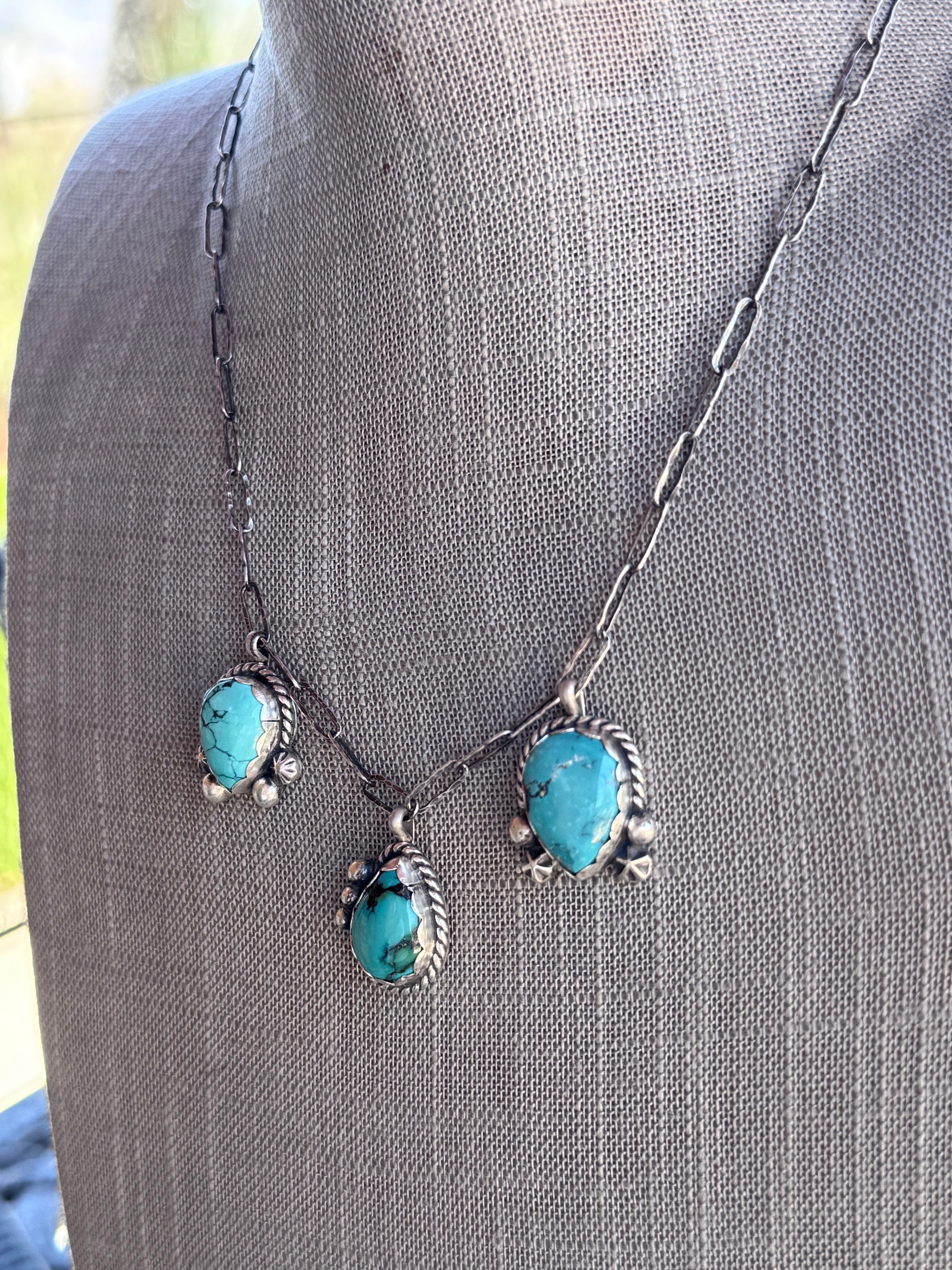 Handmade Sterling Silver & Arizona Turquoise Charm Paper Clip Necklace 18" by Roaming Buffalo