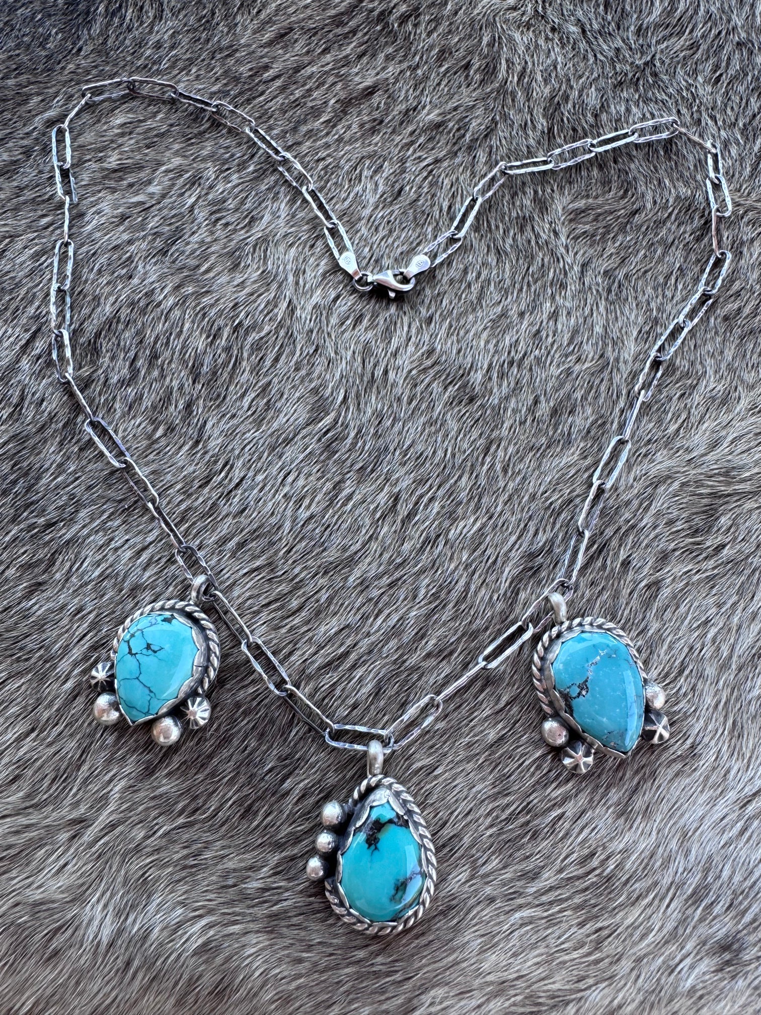 Handmade Sterling Silver & Arizona Turquoise Charm Paper Clip Necklace