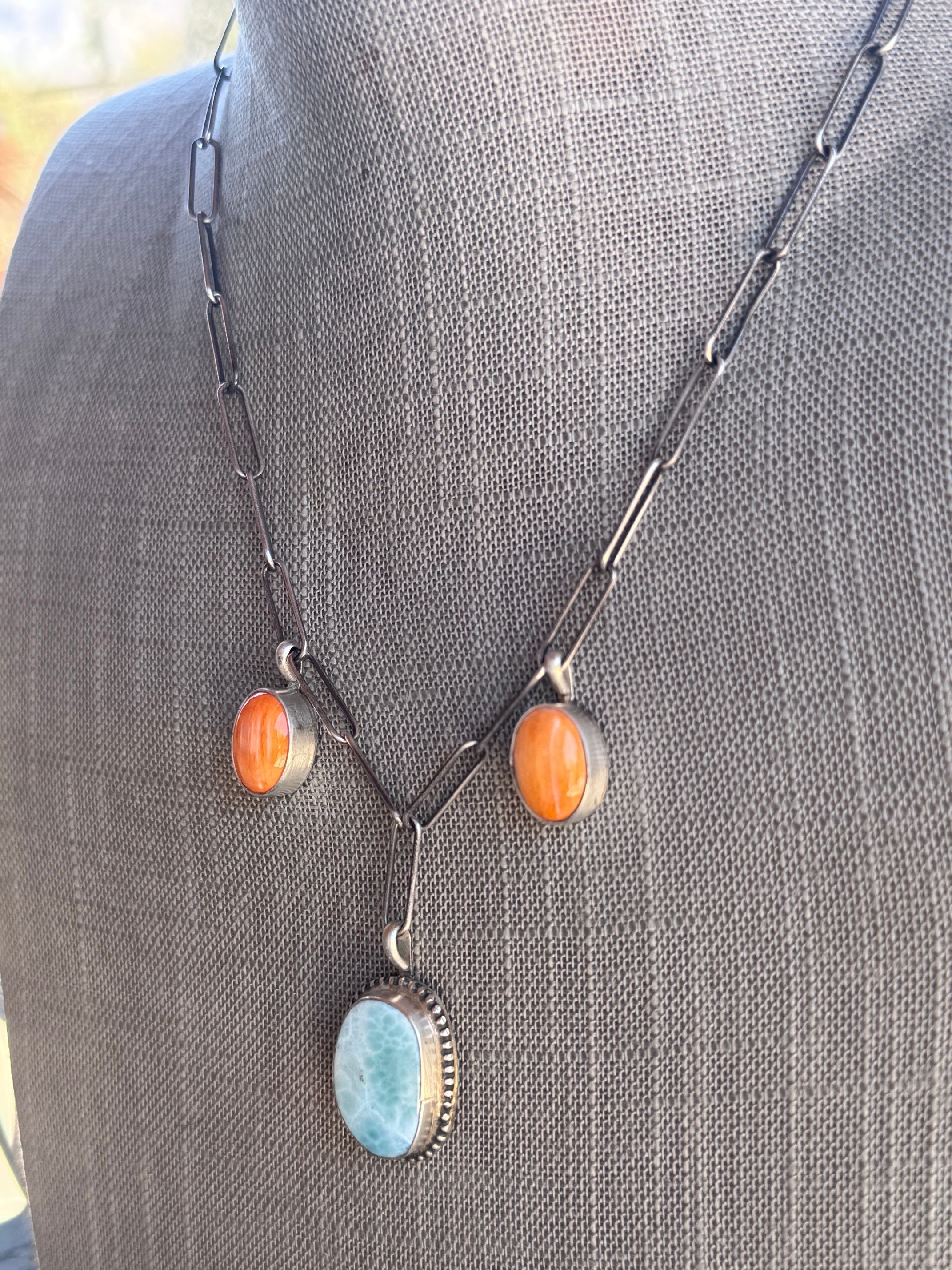 Handmade Sterling Silver & Larimar, Orange Spiny Paper Clip Necklace 18" by Roaming Buffalo