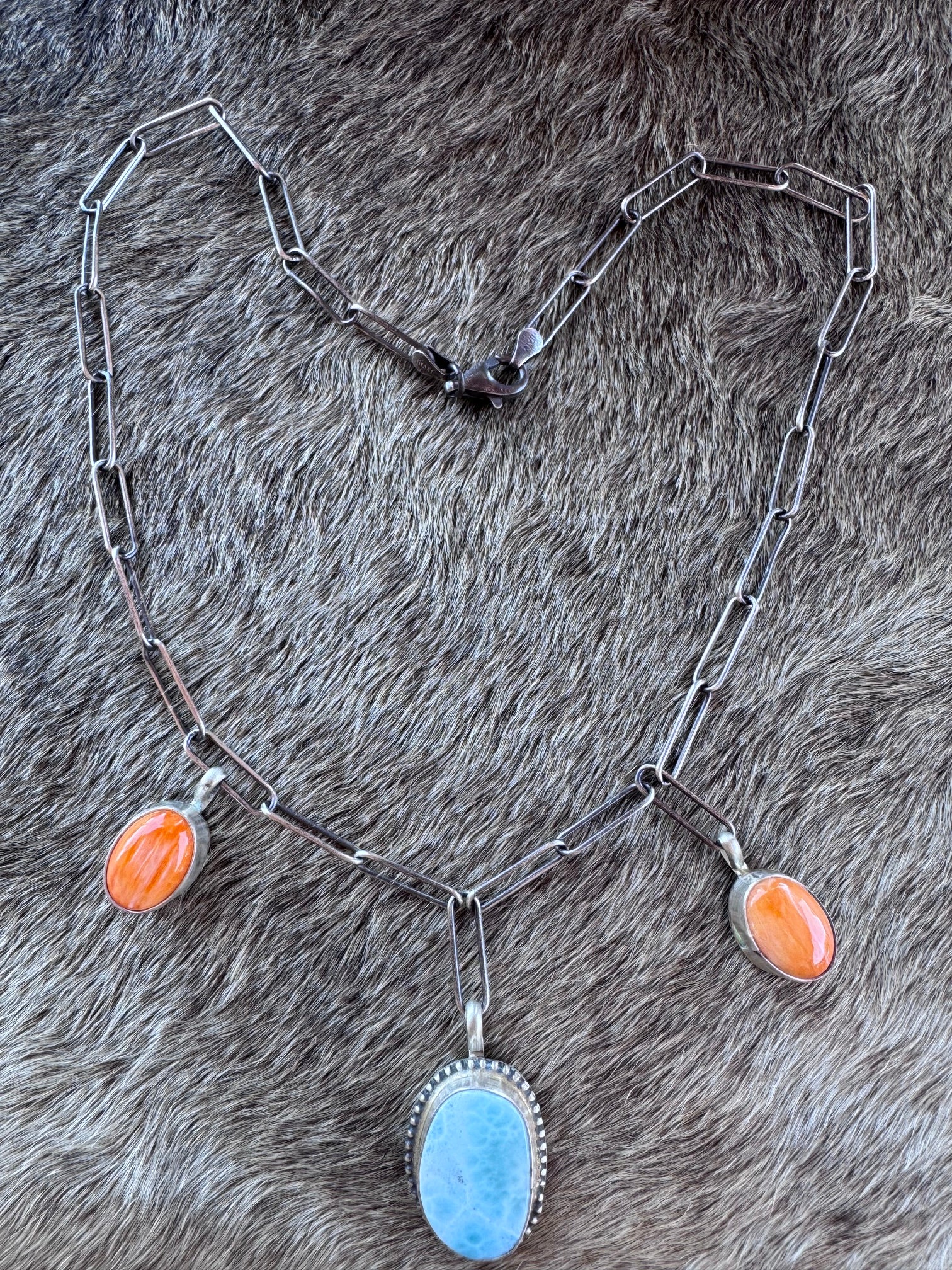 Handmade Sterling Silver & Larimar, Orange Spiny Paper Clip Necklace 18" by Roaming Buffalo