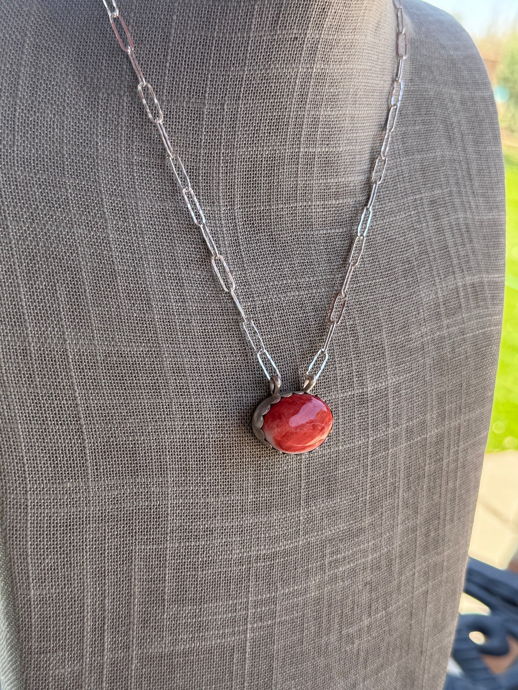 Handmade Sterling Silver & Orange Spiny Paper Clip Necklace 18" by Roaming Buffalo