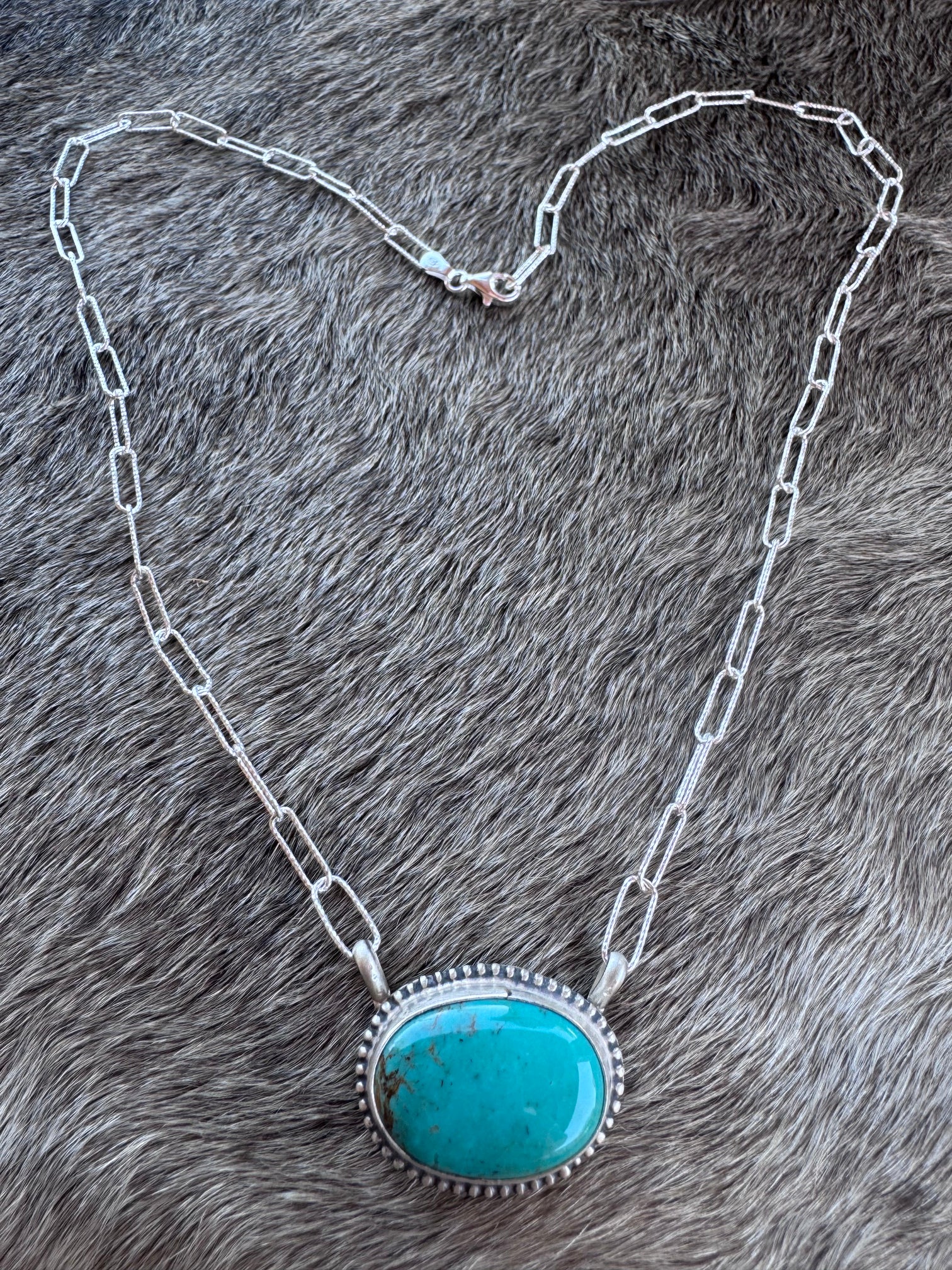Handmade Sterling Silver & Tyrone Turquoise Paper Clip Necklace 18.5" by Roaming Buffalo