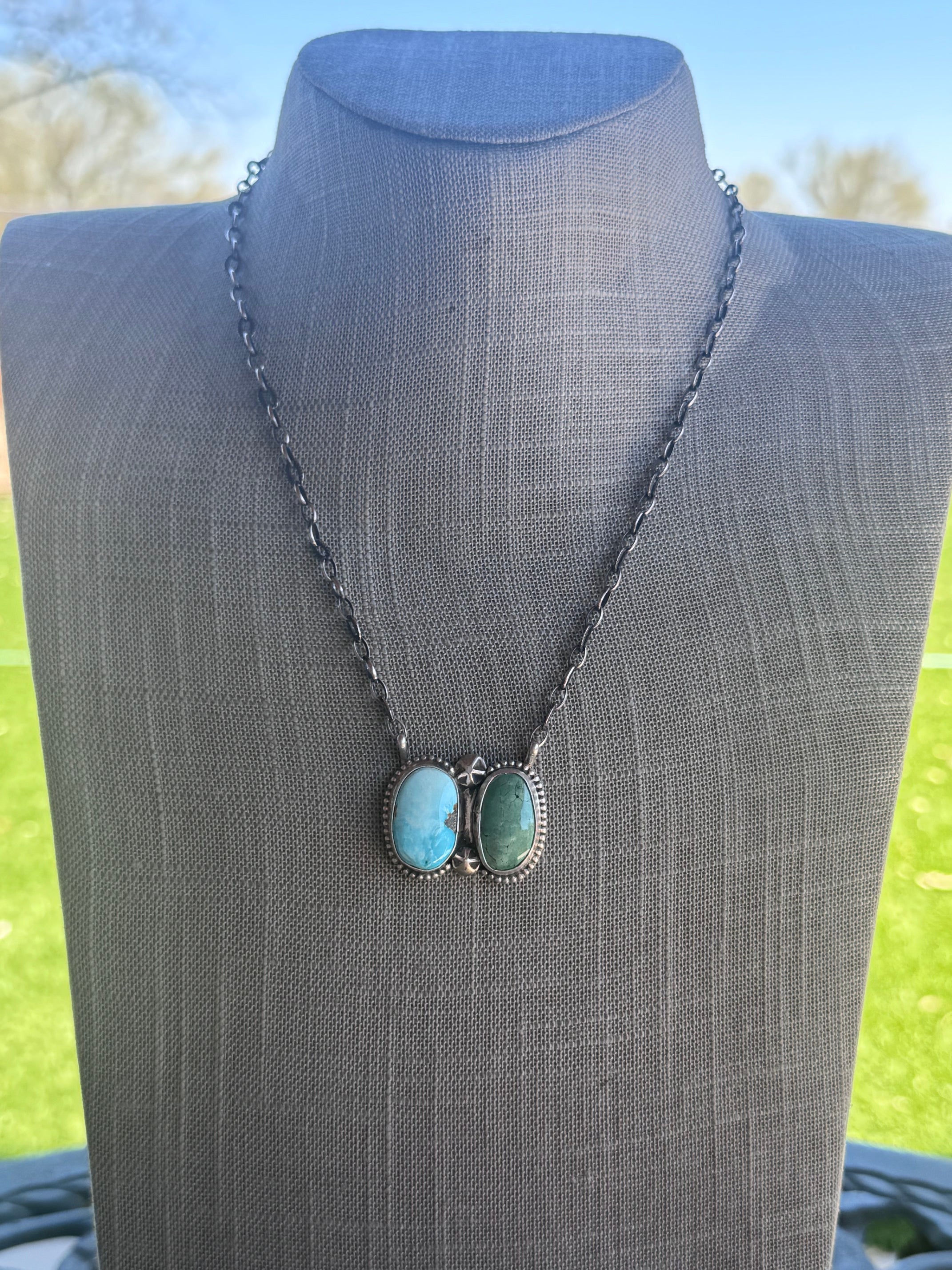 Handmade Sterling Silver & Turquoise, Carico Lake Turquoise Chain Necklace 18" by Roaming Buffalo