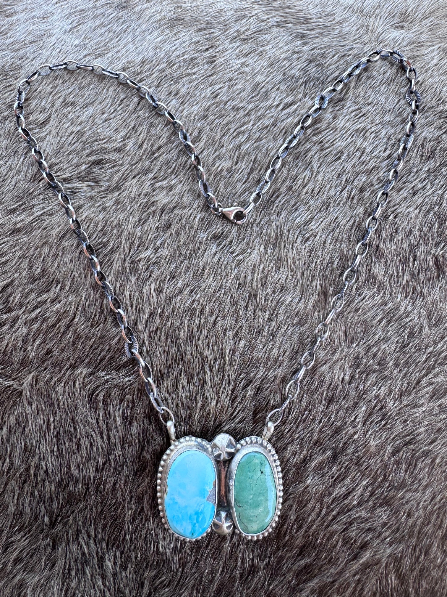 Handmade Sterling Silver & Turquoise, Carico Lake Turquoise Chain Necklace 18" by Roaming Buffalo