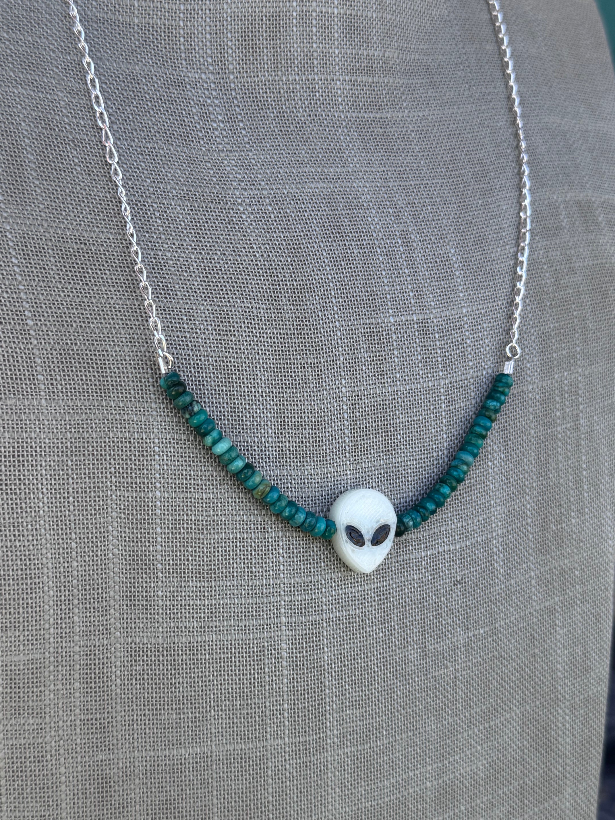 Handmade Sterling Silver & Hubei Turquoise, Glow Alien Chain Necklace 22.5" by Roaming Buffalo