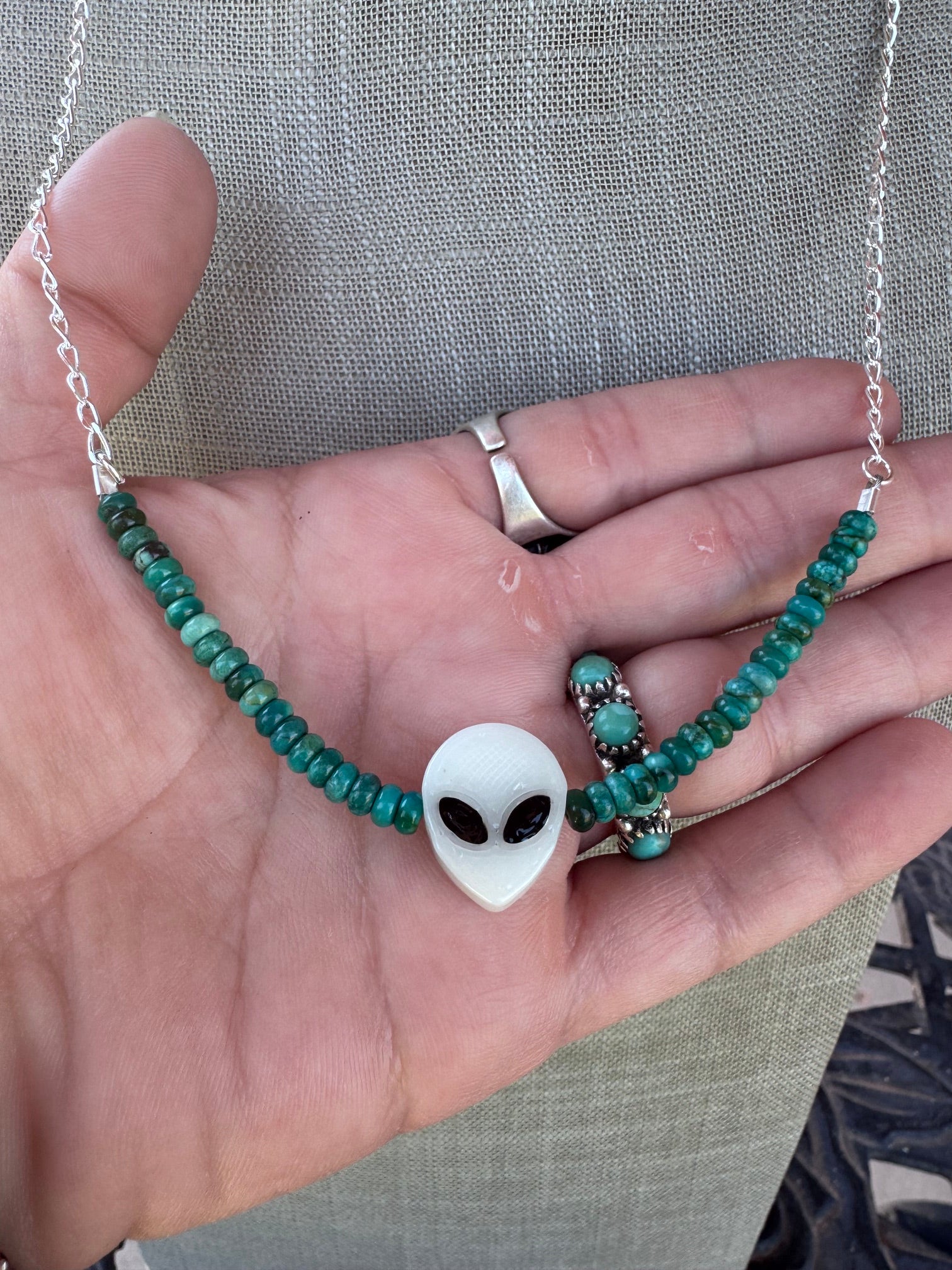 Handmade Sterling Silver & Hubei Turquoise, Glow Alien Chain Necklace 22.5" by Roaming Buffalo