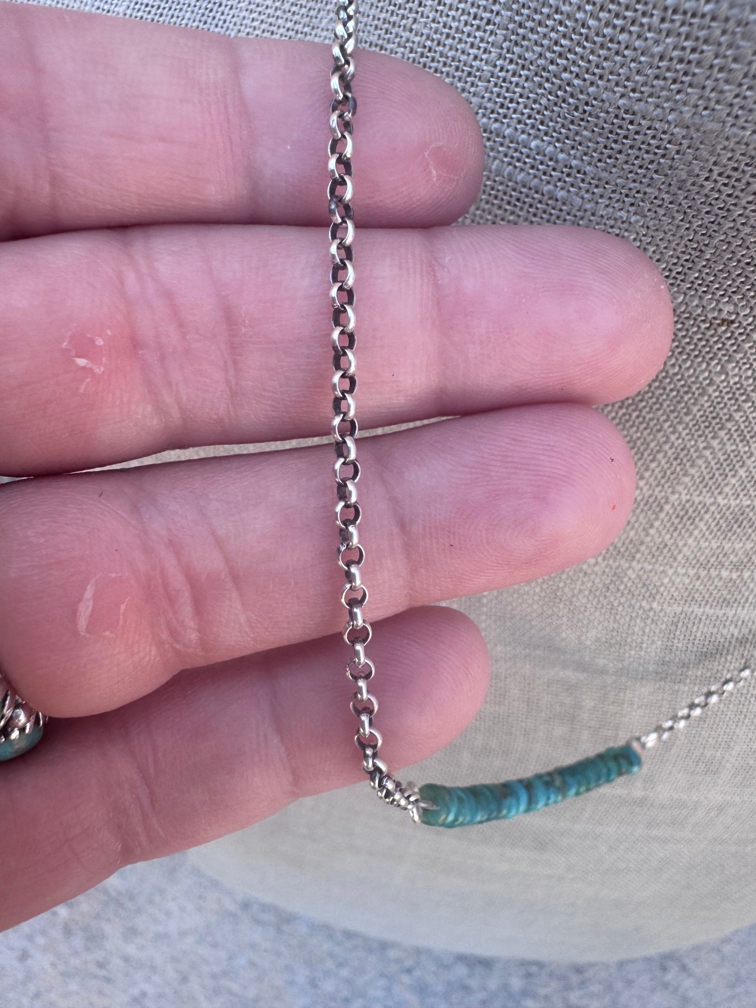 Handmade Sterling Silver & Hubei Turquoise Beaded Chain Necklace 18" by Roaming Buffalo