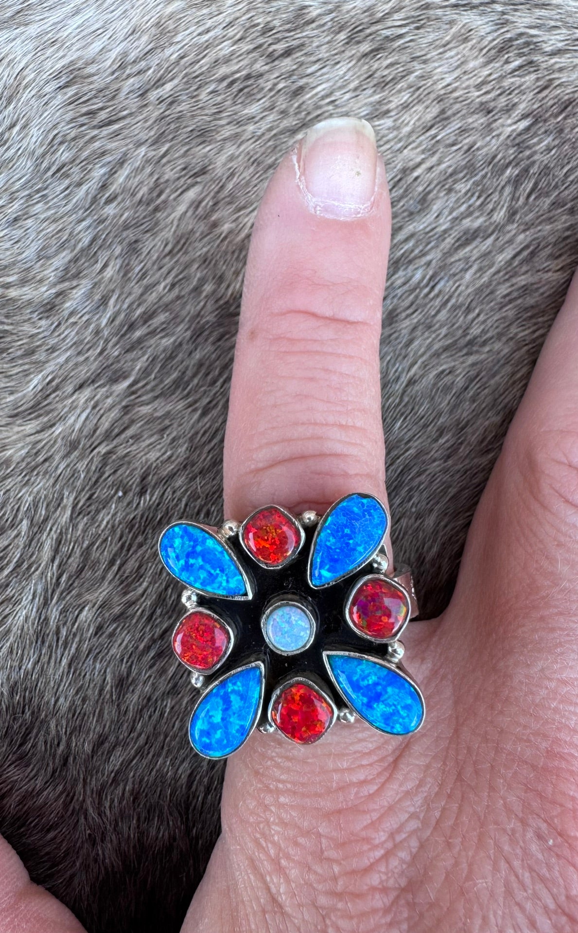 Handmade Sterling Silver 4th Of July Collection: Royal Blue Fire Opal & Red Fire Opal Adjustable Ring "Signed Nizhoni"