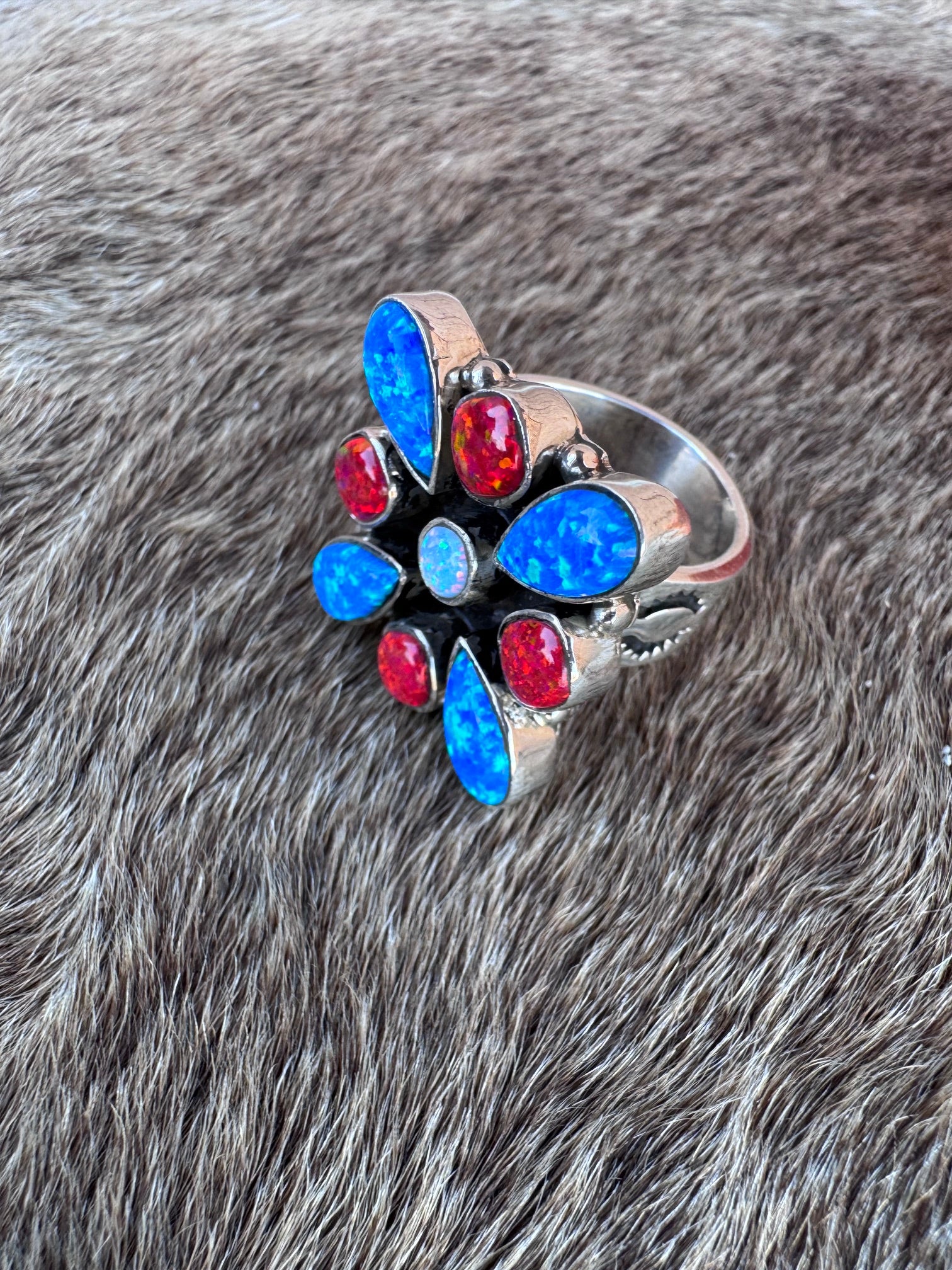 Handmade Sterling Silver 4th Of July Collection: Royal Blue Fire Opal & Red Fire Opal Adjustable Ring "Signed Nizhoni"