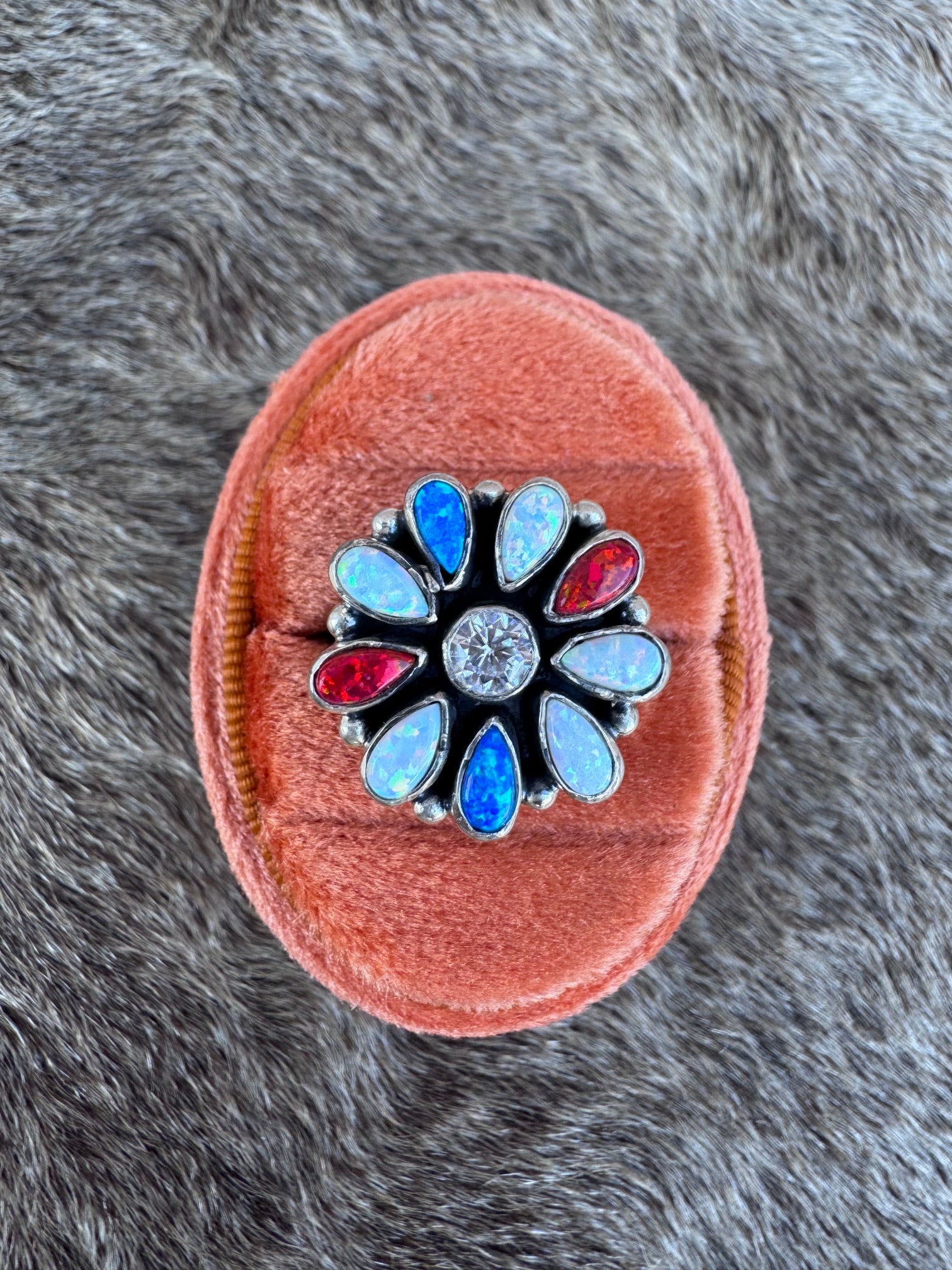 Handmade Sterling Silver 4th Of July Collection: Royal Blue Fire Opal, White Fire Opal & Red Fire Opal Adjustable Ring "Signed Nizhoni"