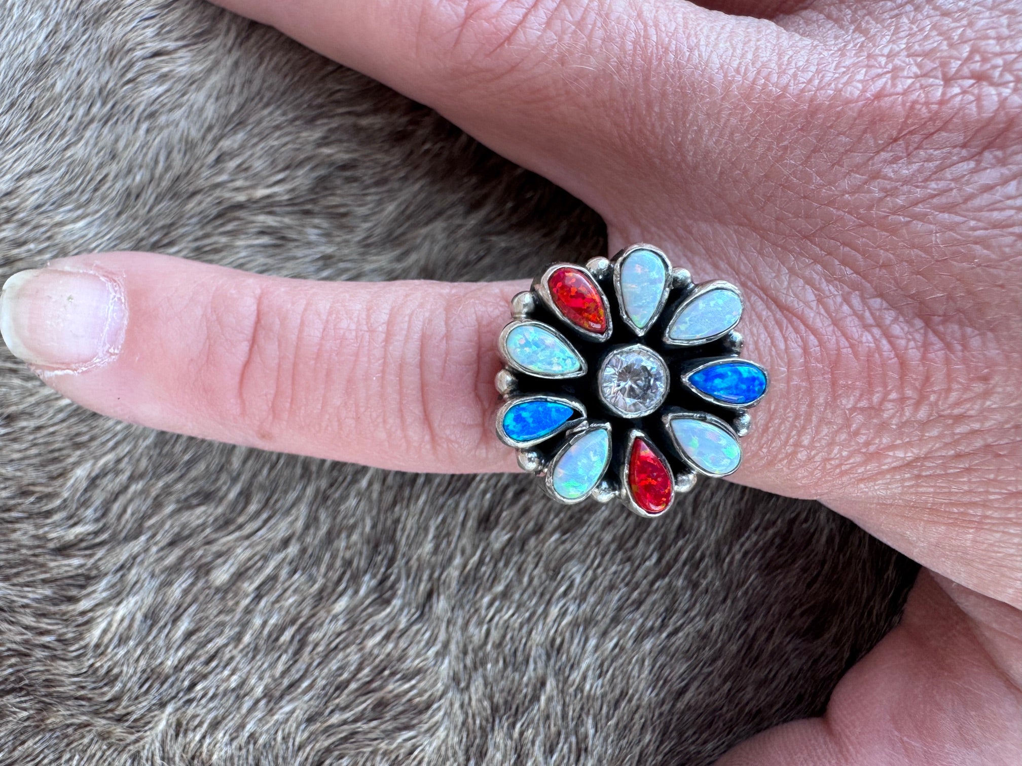 Handmade Sterling Silver 4th Of July Collection: Royal Blue Fire Opal, White Fire Opal & Red Fire Opal Adjustable Ring "Signed Nizhoni"