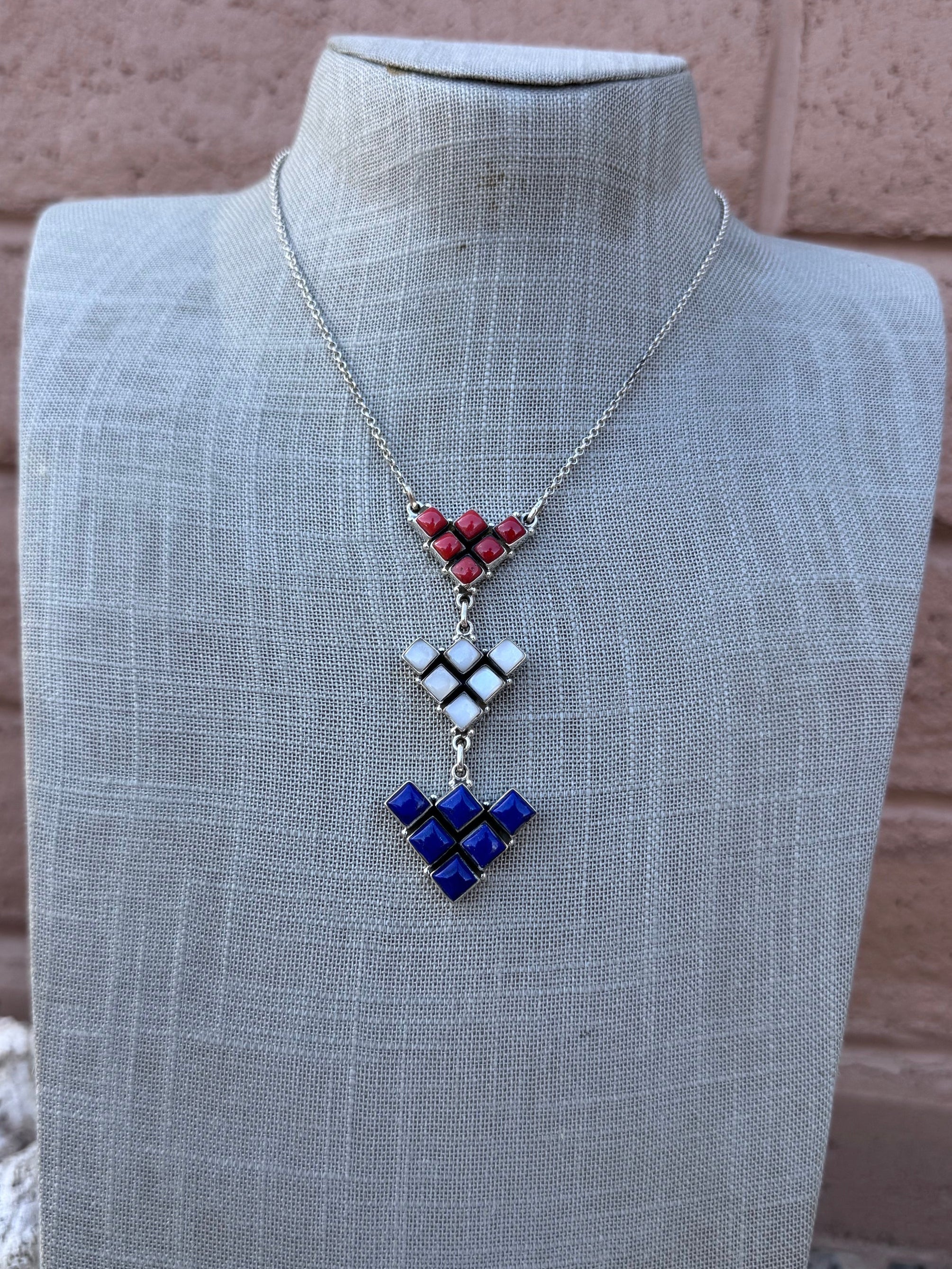 ** 4TH OF JULY ** Handmade Sterling Silver Red, White, & Blue Necklace with Signed Nizhoni 16"