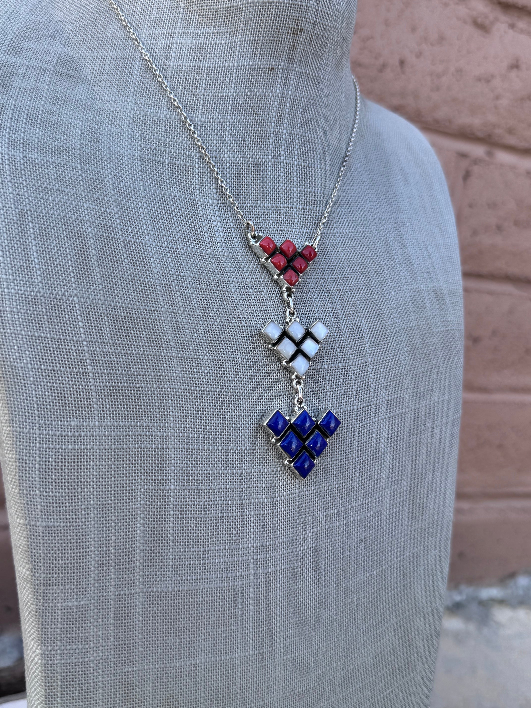 ** 4TH OF JULY ** Handmade Sterling Silver Red, White, & Blue Necklace with Signed Nizhoni 16"