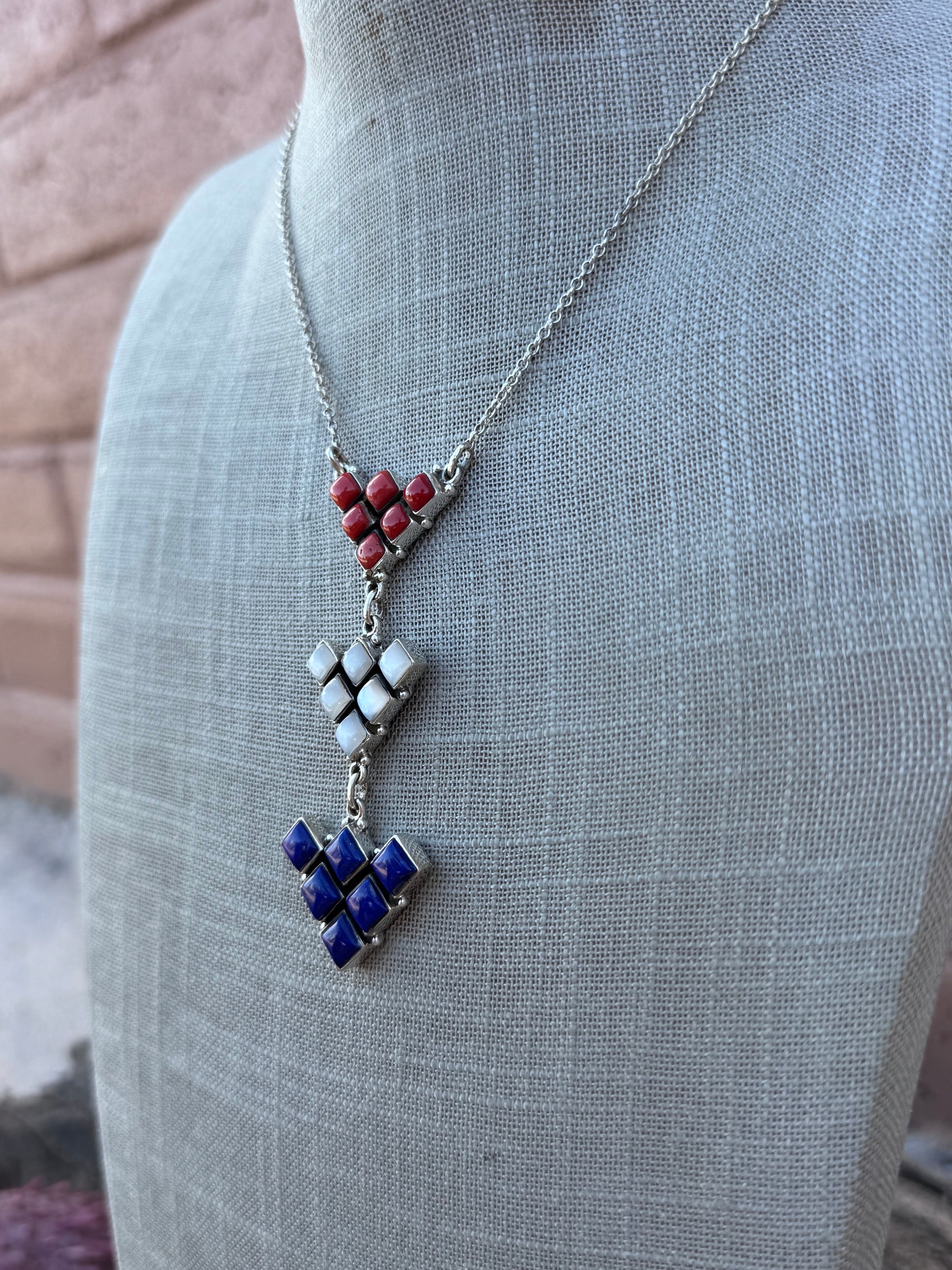 ** 4TH OF JULY ** Handmade Sterling Silver Red, White, & Blue Necklace with Signed Nizhoni 16"