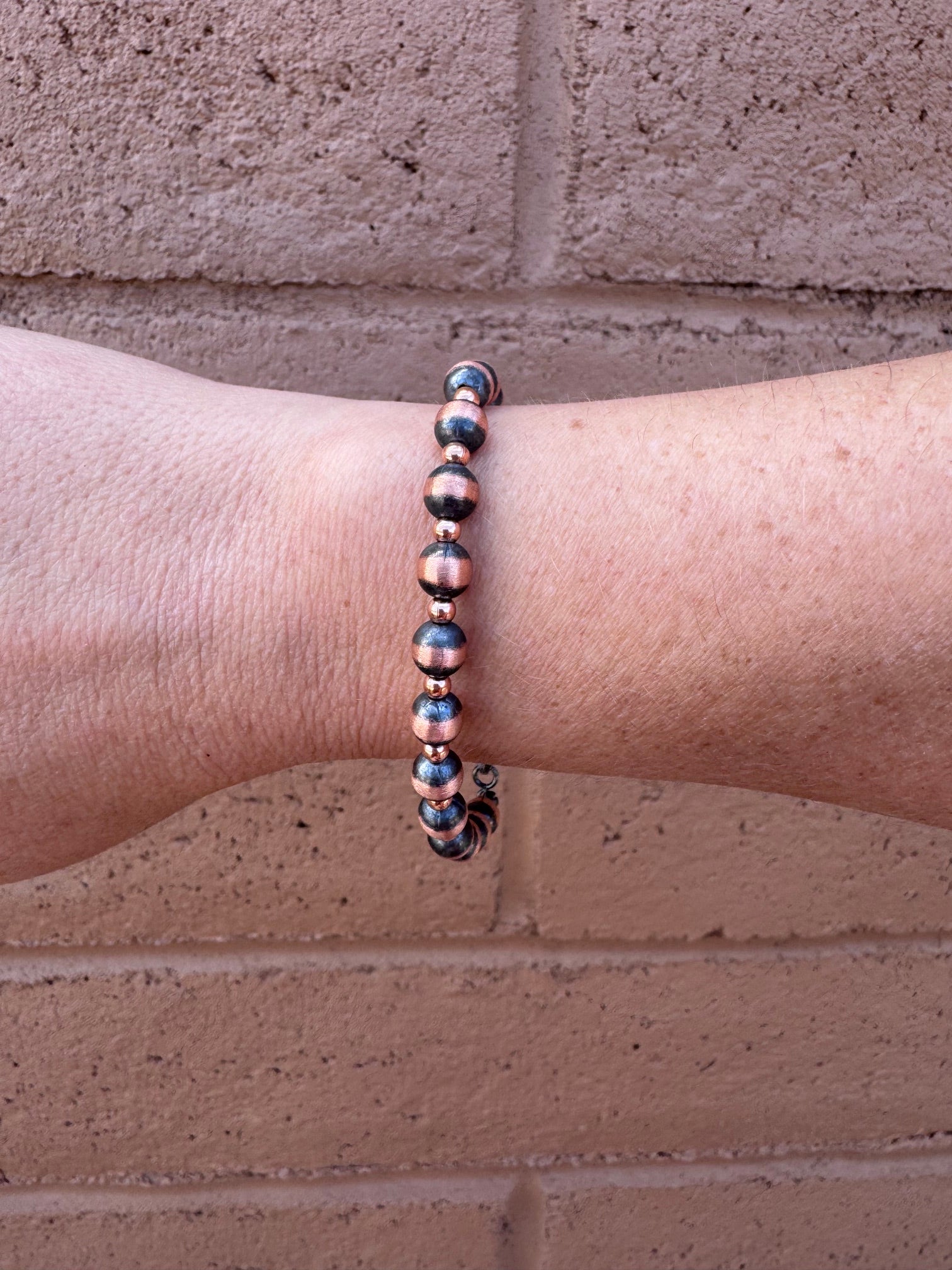 Handcrafted Patterned Copper 3&6mm Beaded Bracelet 7.5"