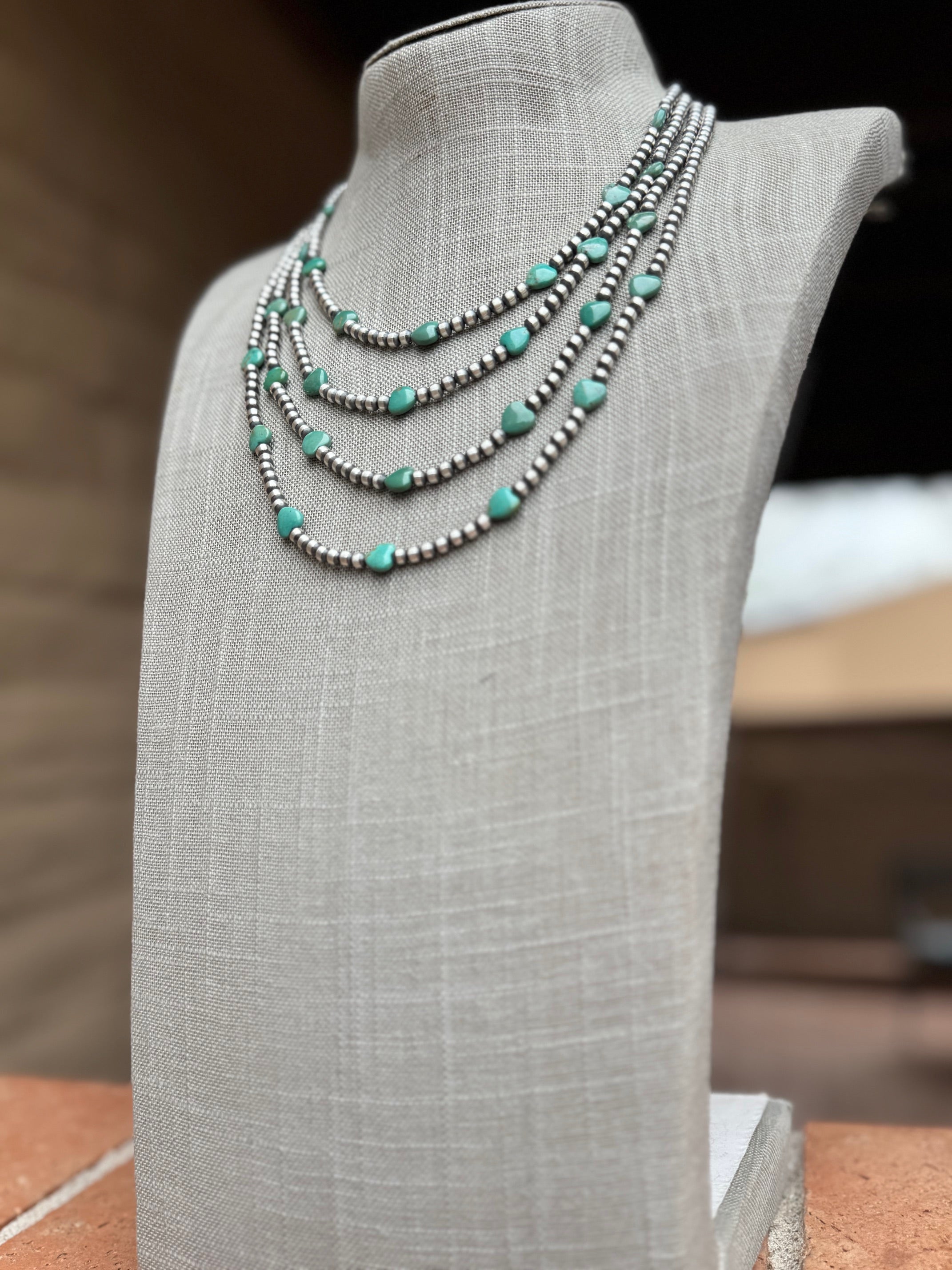 Handcrafted Kingman Turquoise &  Sterling Silver Heart 4mm Beaded Necklace