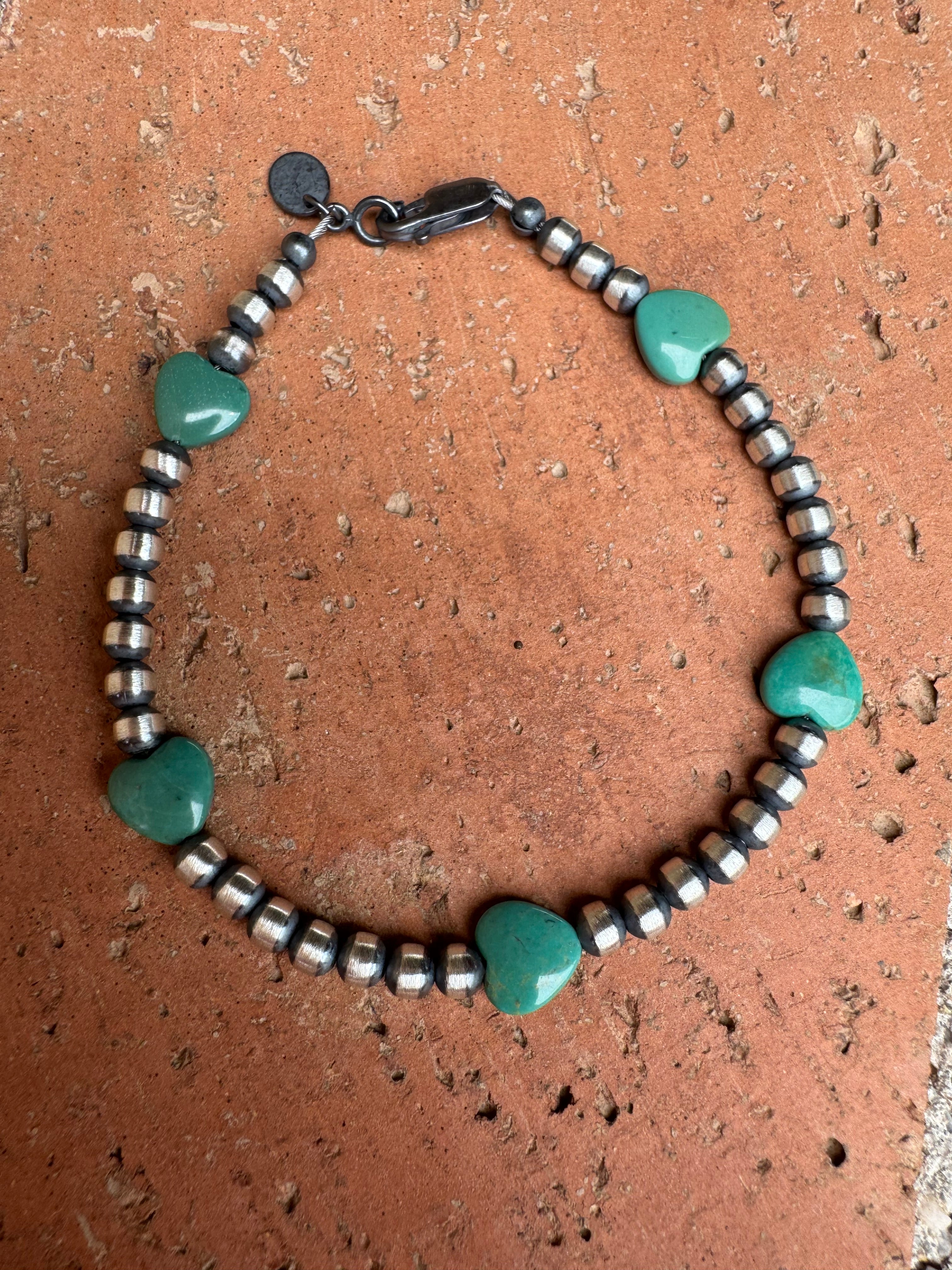 Handcrafted Sterling Silver Pearl & Turquoise 4mm Beaded Heart Bracelet 7"