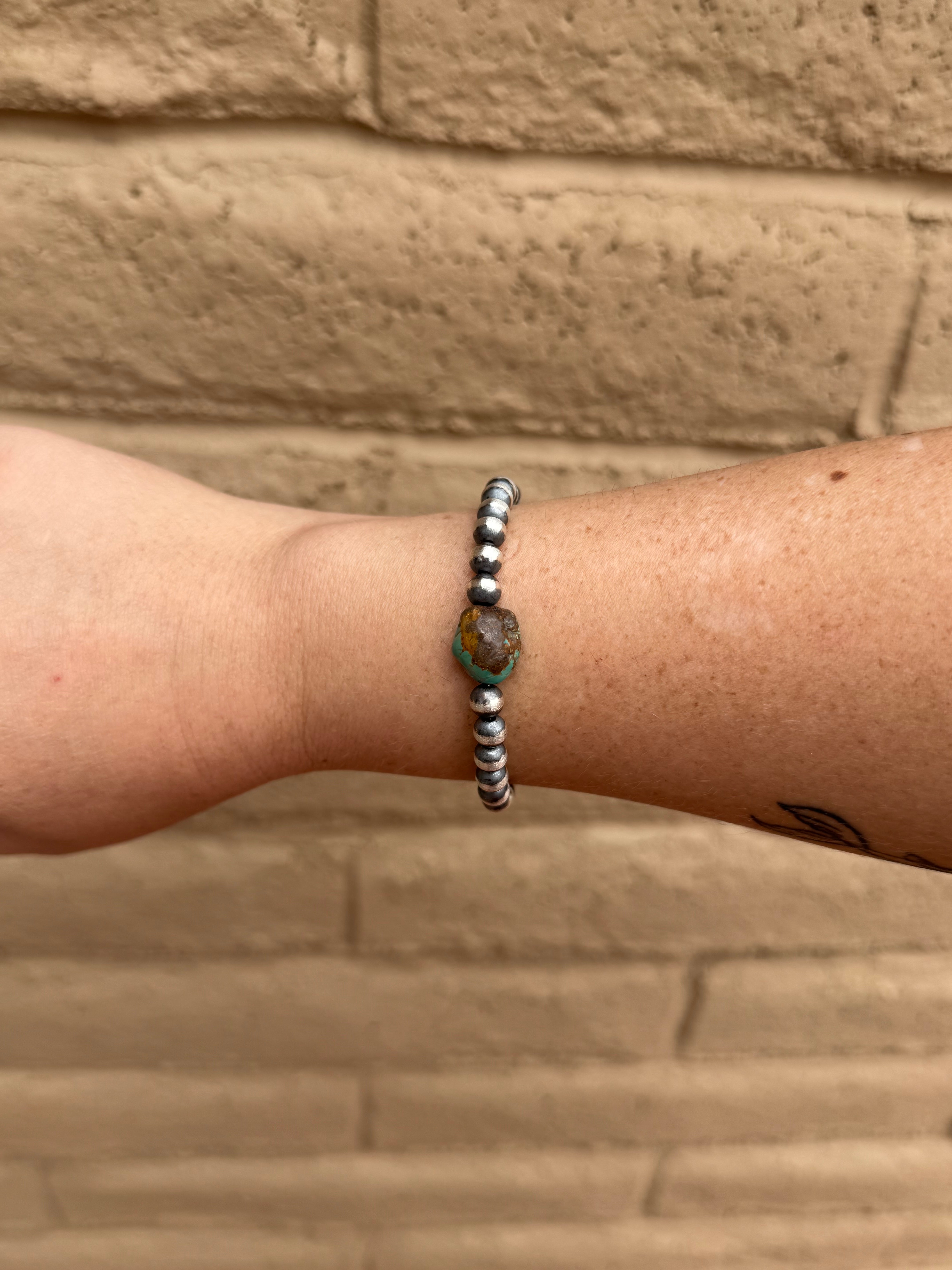 Handcrafted Sterling Silver Kingman Turquoise Beaded 6mm Bracelet