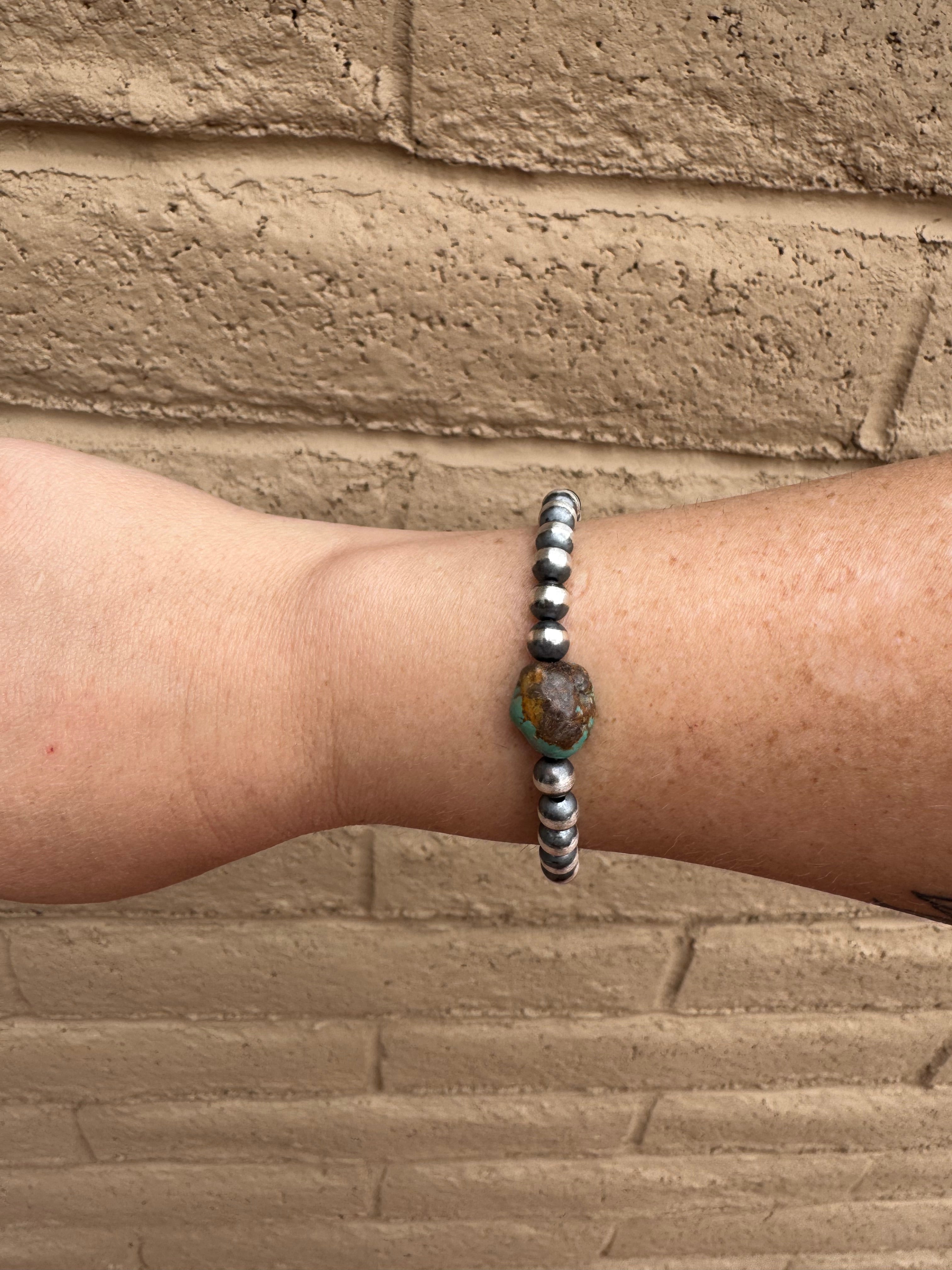 Handcrafted Sterling Silver Kingman Turquoise Beaded 6mm Bracelet