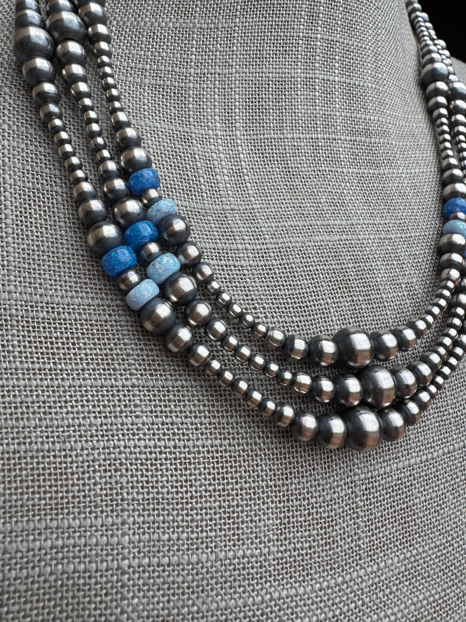 Handcrafted Blue Opal & Sterling Silver Beaded 3-8mm Necklace 20"