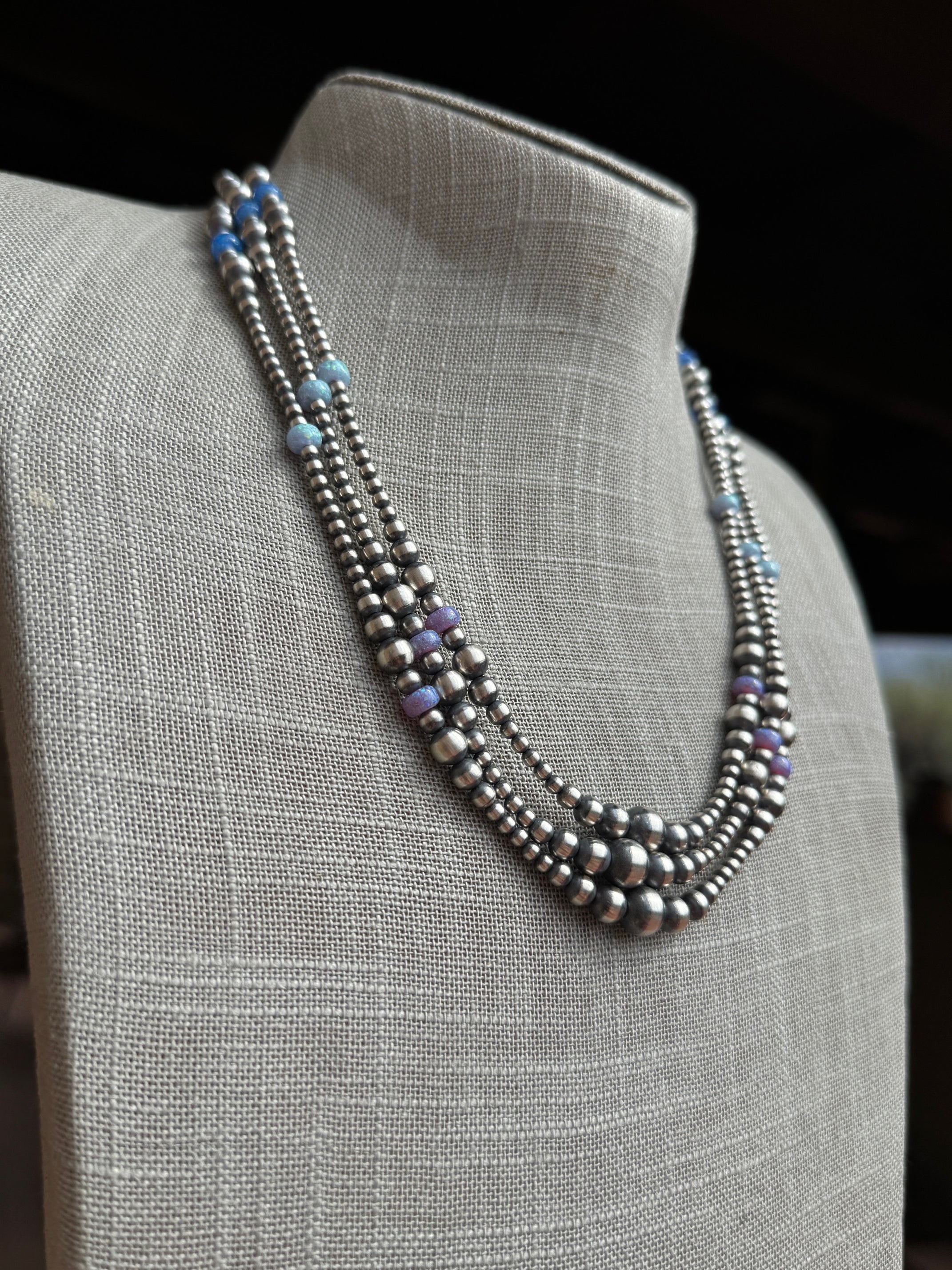 Handcrafted Blue Opal & Sterling Silver Beaded 3-6mm Necklace 20"