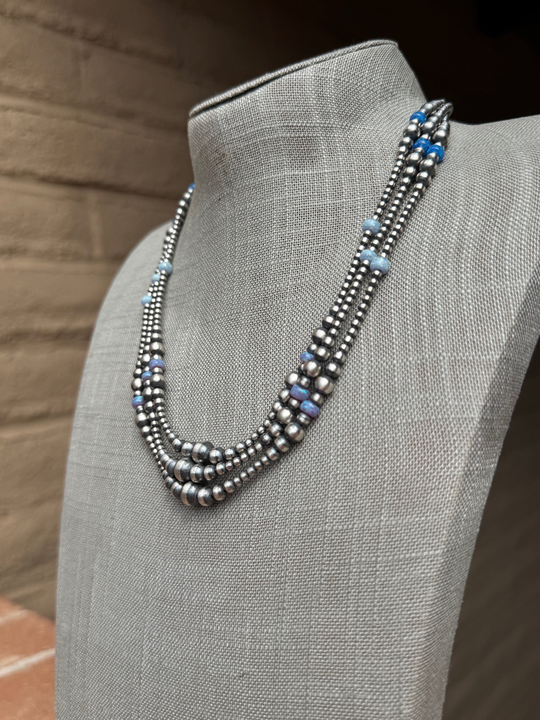 Handcrafted Blue Opal & Sterling Silver Beaded 3-6mm Necklace 20"