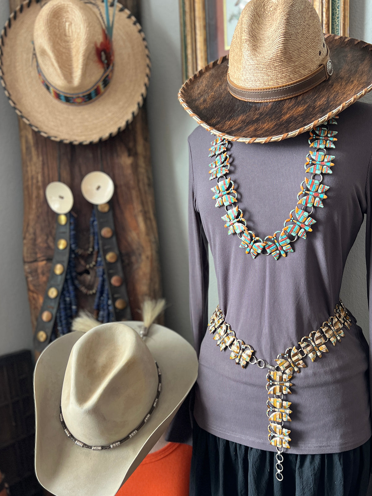 Vintage Dead Stock Handcrafted Sterling Silver and Inlay Multistone Butterfly Southwestern Style Link Belt, Turquoise